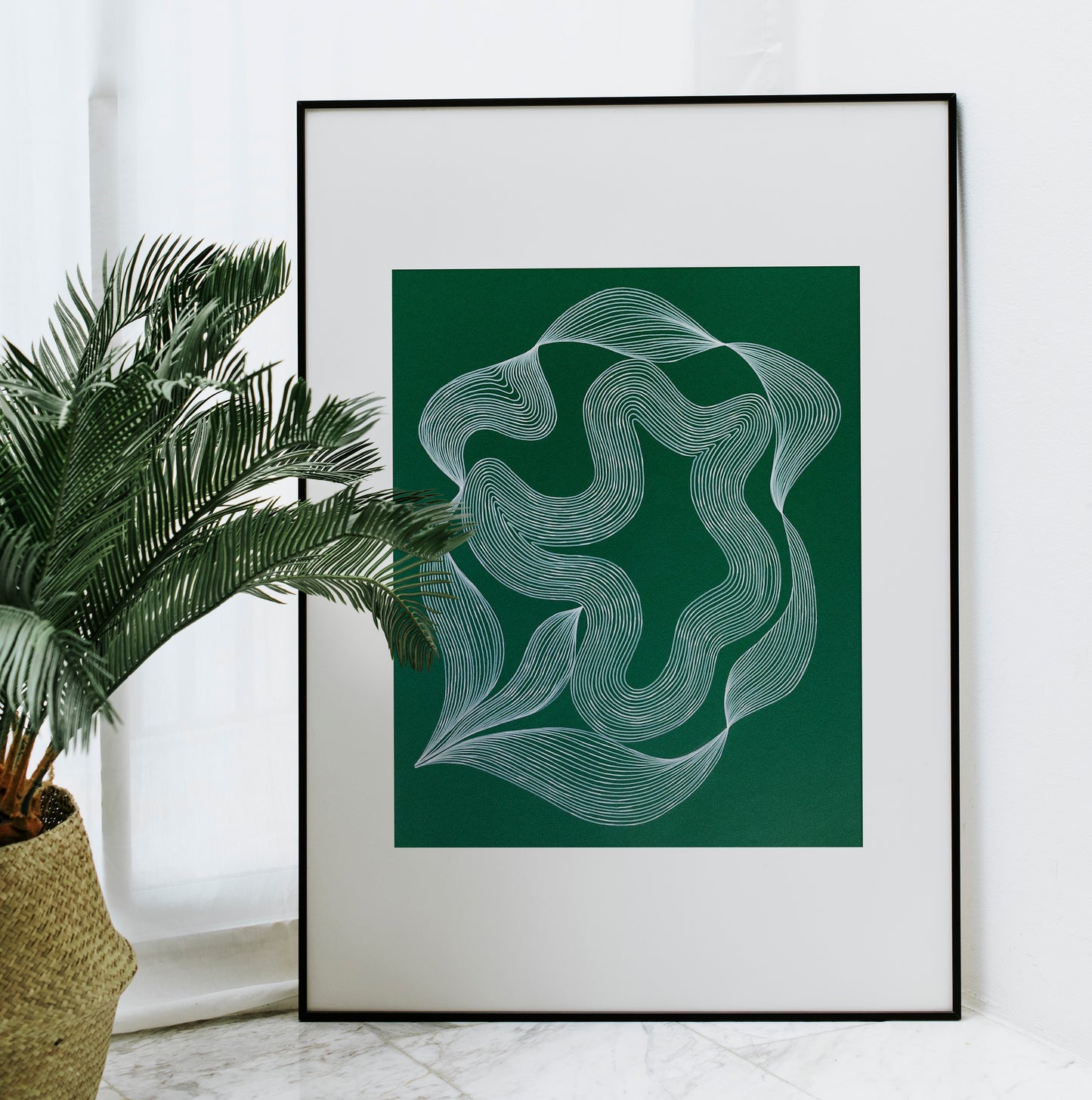 Trendy emerald green abstract flower art Modern line drawing 16x20 Geometric artwork for Nature lover gift and minimalist UNFRAMED / handmade art, original artwork for living room and bedroom, scandinavian wall decor, japandi wall art