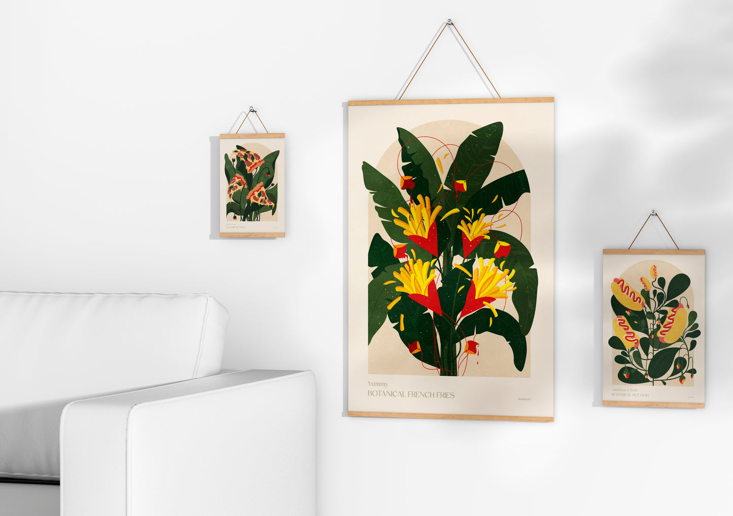 Gallery wall set of 3 Botanical pizza French fries and hot dog fast food poster for Modern kitchen