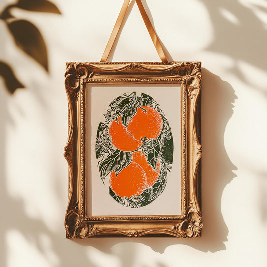 Vintage oranges fruits linocut print Wall art decor, wall hanging, Vintage art, unique wall art, trendy wall art, thank you gift boss, teacher appreciation gift, Summer wall art, sister in law gift, shelf decor, self gift, Sage green color, rustic artwork, Retro artwork, retirement gift, Relief print, realtor closing gift, Printmaking art, Plant print, plant lover gift, original illustration, original artwork