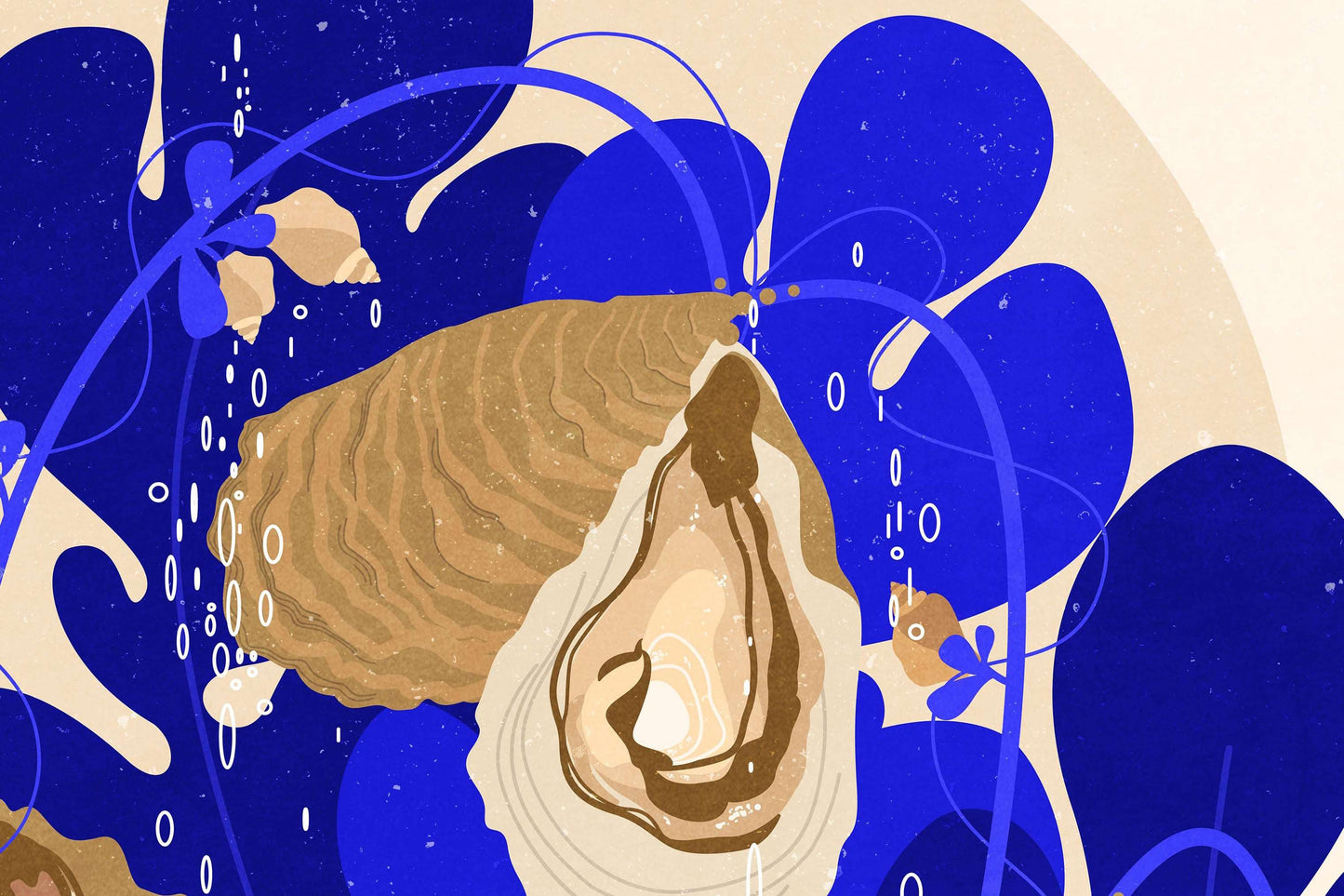 Dark blue and beige botanical vintage oysters shells printable poster wall art
