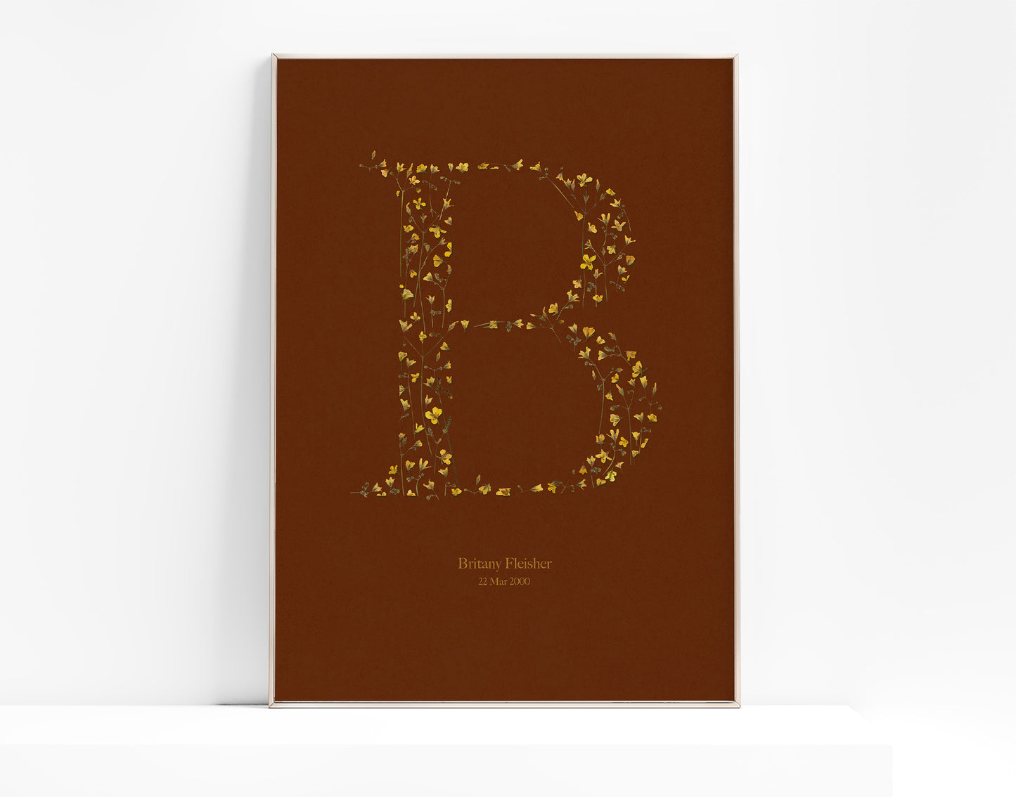 Terracotta personalized name letter prints Pressed yellow wildflowers poster