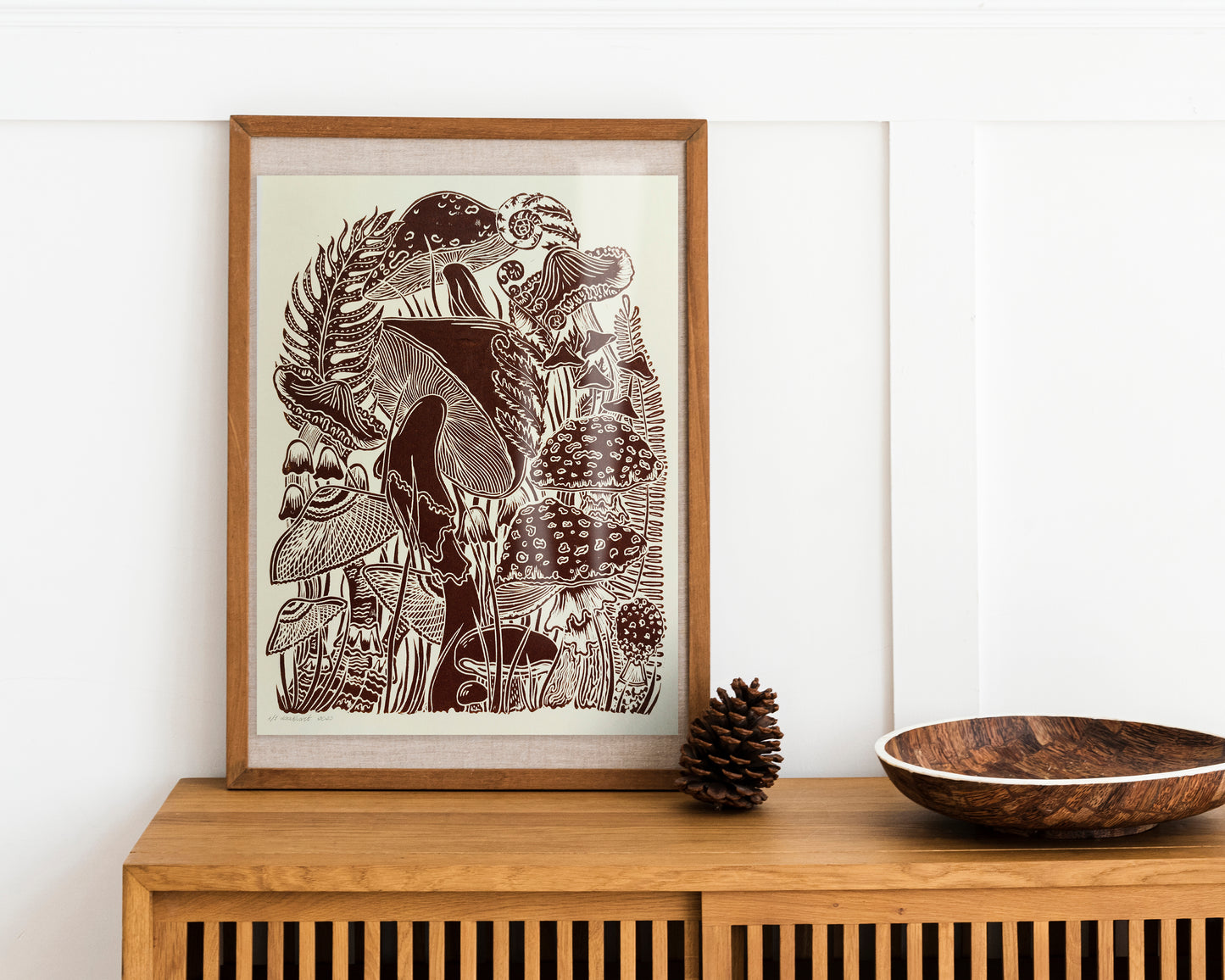 Vintage light yellow paper and brown mushrooms Linocut print for Nature lover gift / farmhouse kitchen wall art UNFRAMED / lino print / linogravure / relief block print / printmaking wall decor
