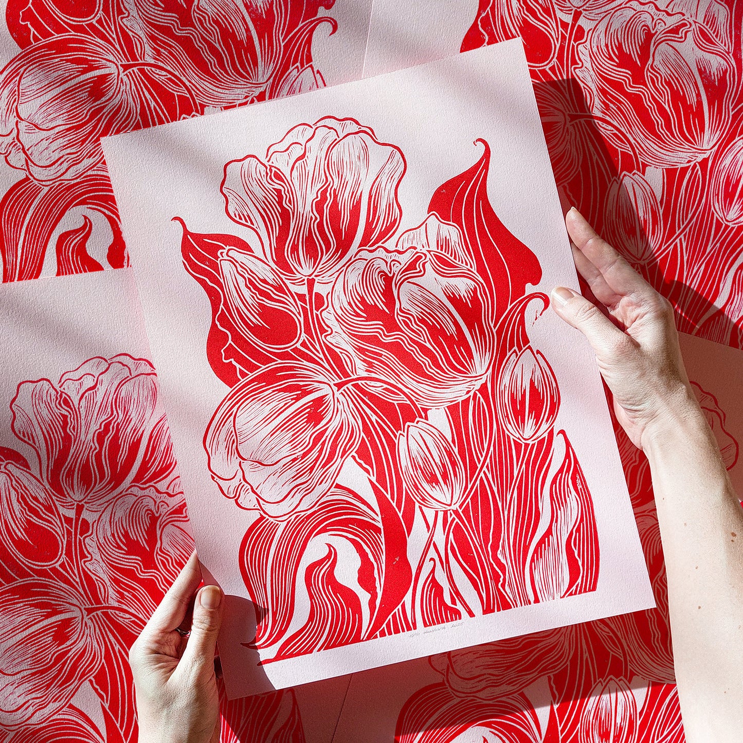 Red and pink tulips flowers Linocut print Spring wall art decor realtor closing gift, Plant print, plant lover gift, original artwork, one of a kind, nurse gift, niece gift from aunt, new mom gift, new job gift, New home gift, new grandma gift, new apartment housewarming gift, new apartment gift, nature wall art, Nature original art