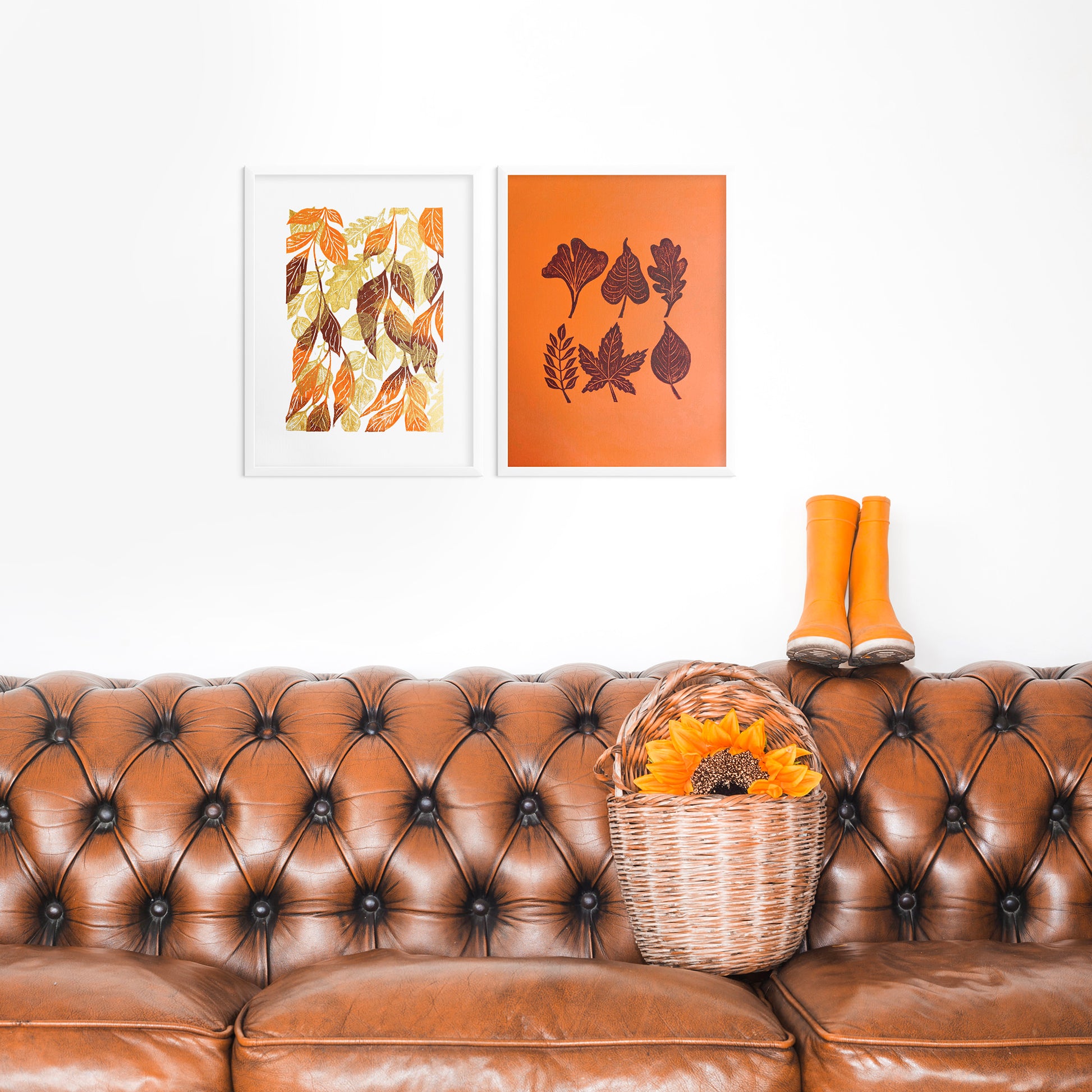 Gallery wall set of 2 Brown gold orange leaves Botanical linocut print Nature lover gift UNFRAMED / original artwork, relief print, printmaking art, lino print, linogravure, handmade wall art, new home gift, farmhouse decor, houswarming gift, living room wall art, dining room art, farm kitchen art, bedroom wall decor, autumn art, fall wall art, seasonal wall decor, aesthetic wall art