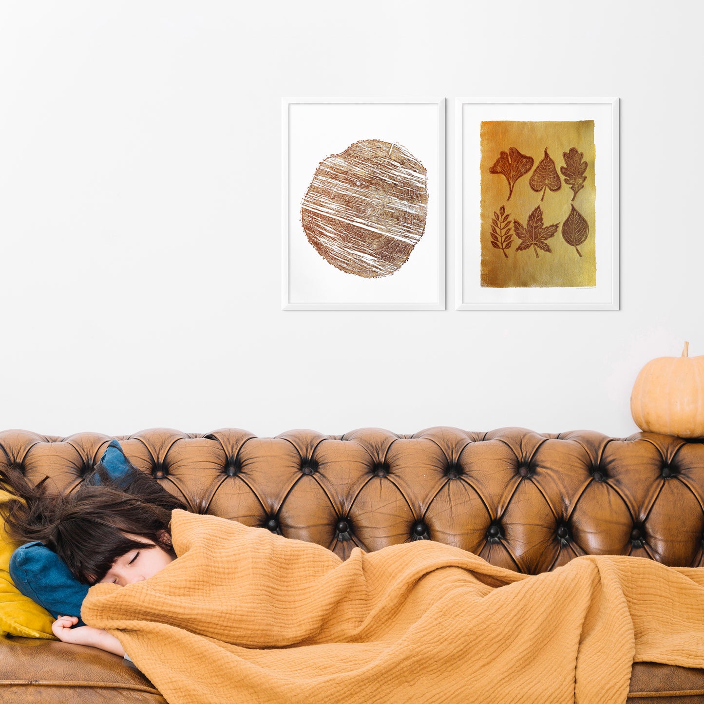 Gallery wall set of 2 Autumn wall art Leaves and brown wood slice linocut print Nature lover gift UNFRAMED, original artwork, relief print, printmaking art, lino print, linogravure, handmade wall art, new home gift, farmhouse decor, houswarming gift, living room wall art, dining room art, farm kitchen art, bedroom wall decor, autumn art, fall wall art, seasonal wall decor, aesthetic wall art