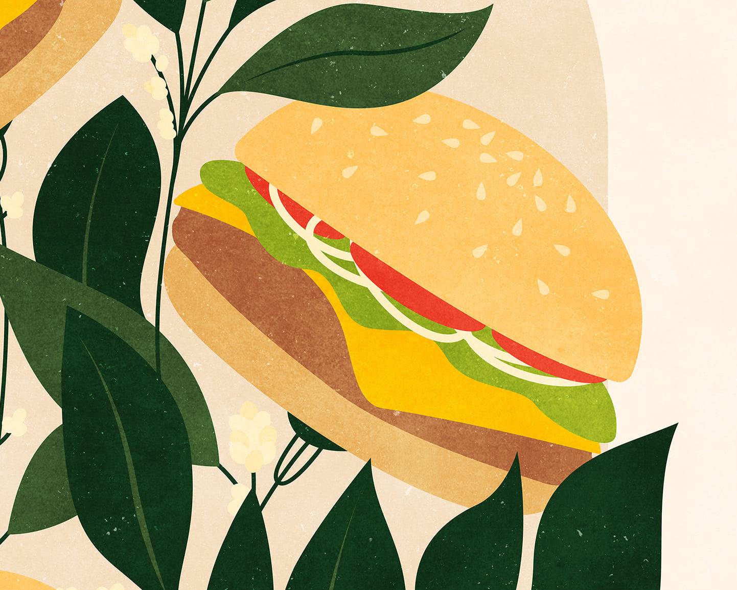 Botanical vintage beef burger poster for modern kitchen and dining room