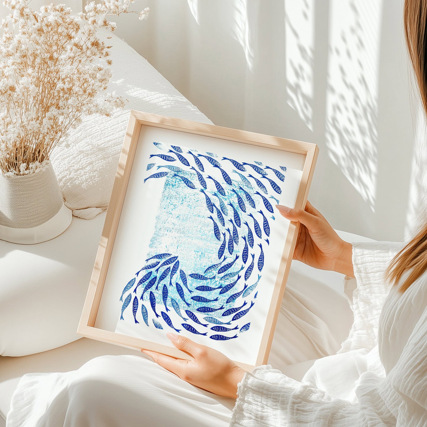 Blue Printable blue mini fish Linocut and monotype prints nautical hampton Maritime living printable wall art, digital poster, digital download, digital product, downloadable art, monotype prints, wall hanging, unique wall art, contemporary art, relief textured, abstract art prints, minimalist wall art, large wall art, moody wall art, trendy wall art, aesthetic wall art, bedroom wall decor, modern kitchen art, dining room decor, bathroom prints, living room wall art, dorm room decor, laundry room decor