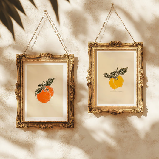 Gallery wall set of 2 Vintage lemon and orange fruits linocut print for Kitchen art decor wall hanging, Vintage art, unique wall art, trendy wall art, thank you gift boss, teacher appreciation gift, Summer wall art, sister in law gift, shelf decor, self gift, Sage green color, rustic artwork, Retro artwork, retirement gift, Relief print, realtor closing gift, Printmaking art, Plant print, plant lover gift, original illustration, original artwork, Oranges artwork