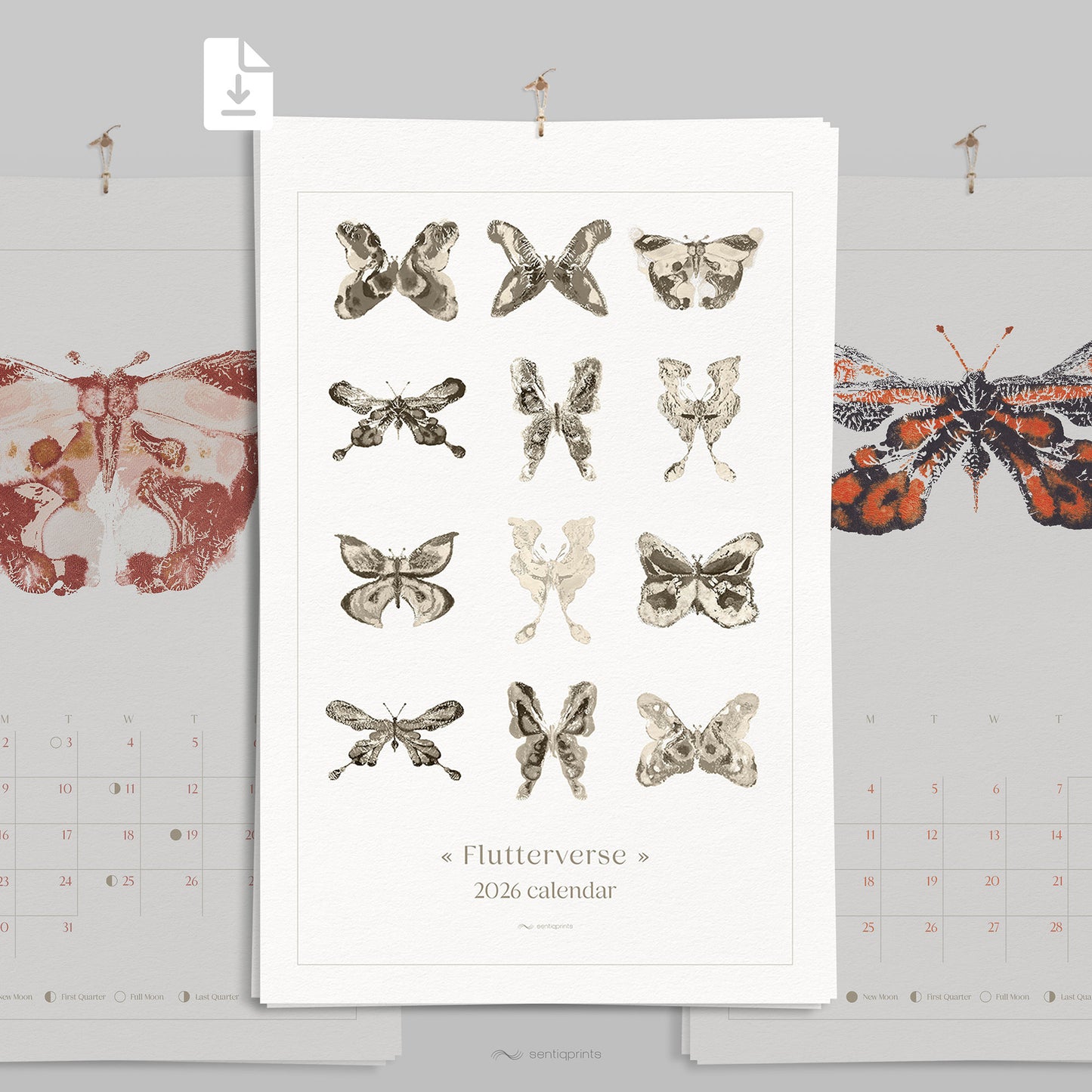 large wall art printable 2026 illustrated calendar abstract butterflies monthly planner bedroom decor new year gift ideas INSTANT DOWNLOAD 11x17 lunar moon phases monotype prints vintage retro modern contemporary living room home office digital insect moth new apartment dining room present hostess monoprint downloadable scandinavian minimalist illustration moody aesthetic dorm laundry mindfulness new home gift self housewarming heirloom mom mother wife gift for her sister girlfriend coworker