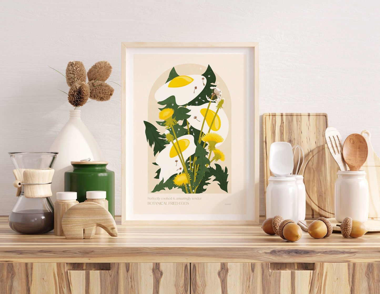 Botanical vintage fried egg Dandelion plants and flower poster for modern kitchen and dining room decor Printable wall art INSTANT DOWNLOAD digital poster