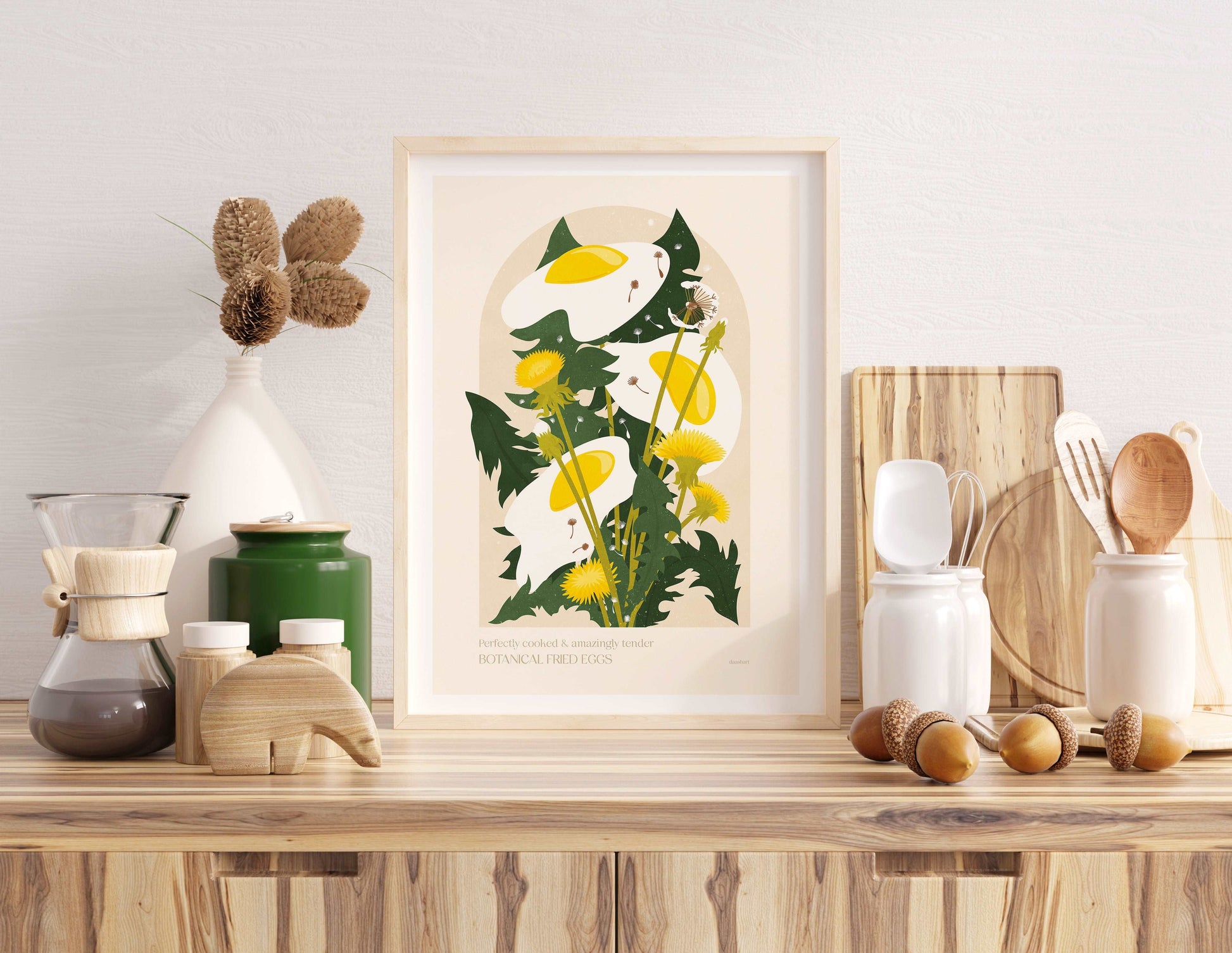 Botanical vintage fried egg Dandelion plants and flower poster for modern kitchen and dining room decor Printable wall art INSTANT DOWNLOAD digital poster