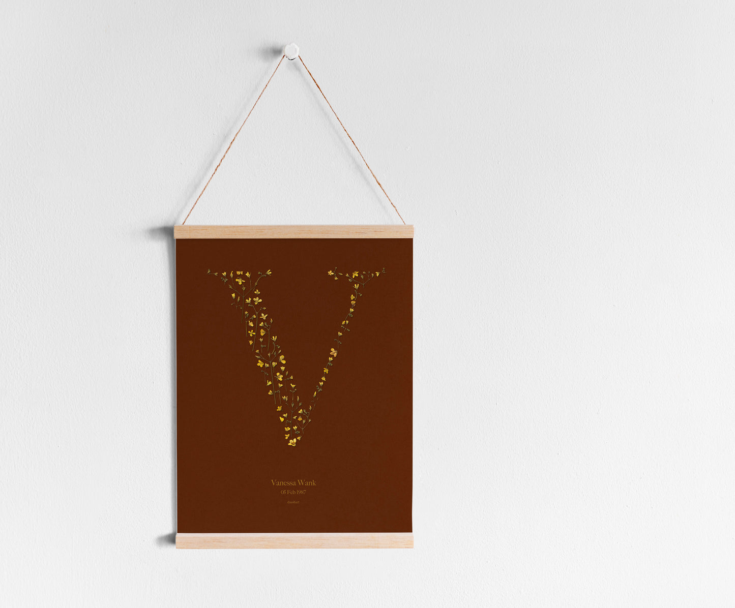 Terracotta personalized name letter prints Pressed yellow wildflowers poster