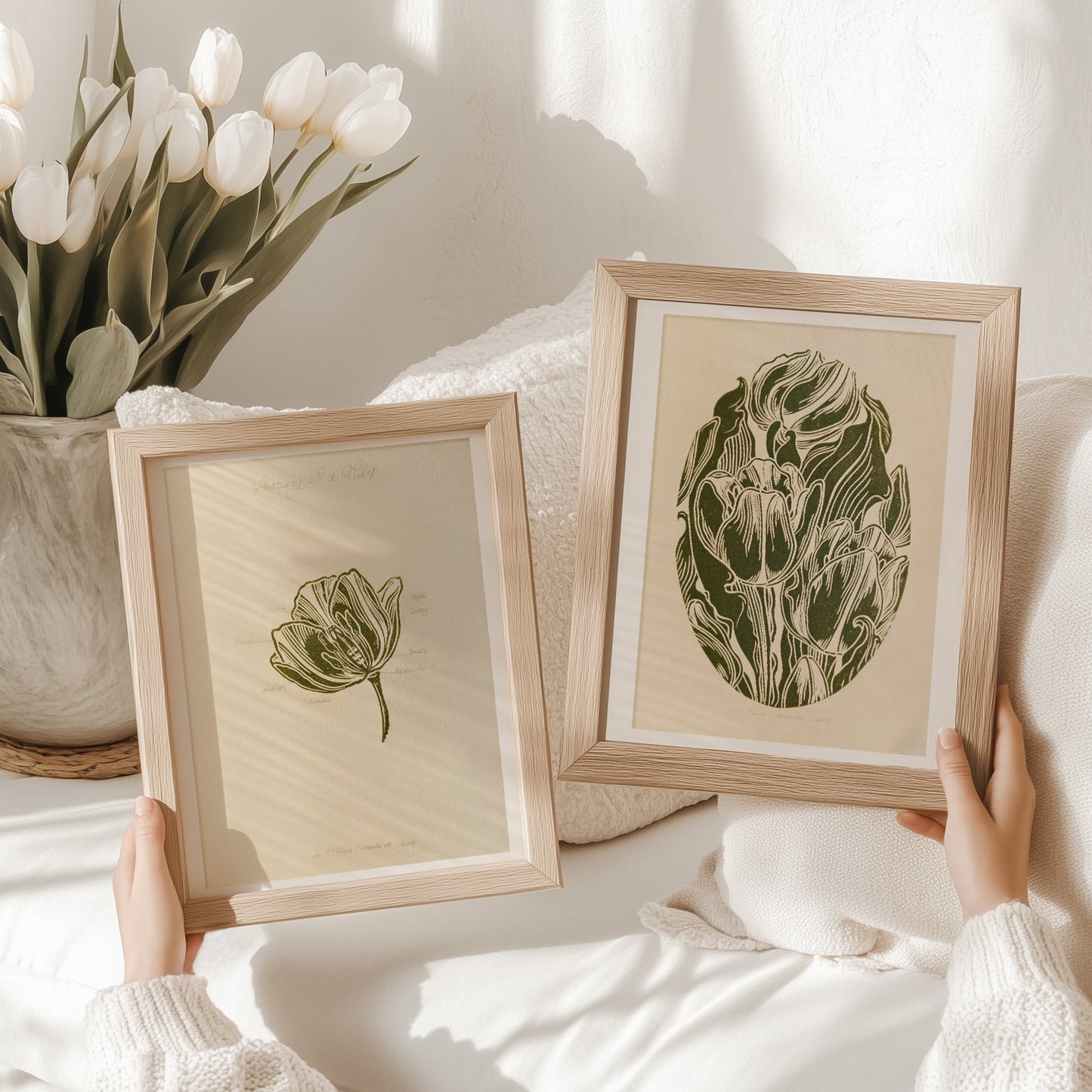 Gallery Wall Set of 2 Vintage Anatomy Tulip Flowers Linocut Print Wall art decor Linogravure Linocut print Lino print flower wall hanging Vintage art unique wall art trendy thank you gift boss teacher appreciation gift Summer Spring wall art sister in law gift signature shelf decor self gift Sage green color rustic wall art Retro artwork retirement Relief print realtor closing gift Printmaking art plant lover gift original illustration original