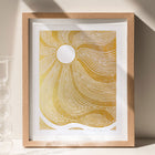 Gold boho sun and waves landscape linocut print Original artwork for nature lovers gift