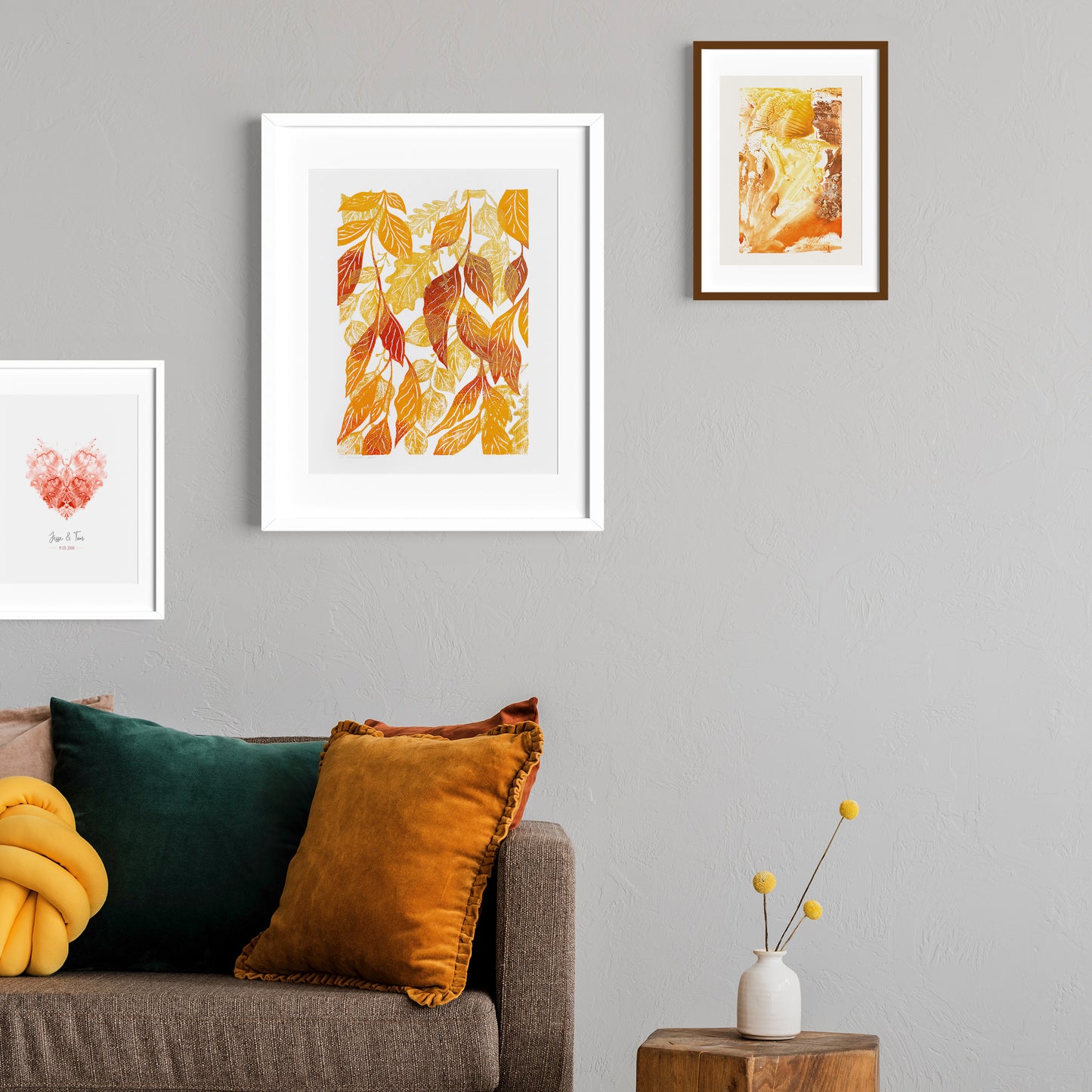 Warm tones autumn foraged leaves Printable linocut wall art for bedroom or living room decor, Seasonal decorations, Fall poster, instant download, digital poster, cottagecore wall art, Nature lover gift, Leaf wall poster, Gold orange brown relief print, oil texture