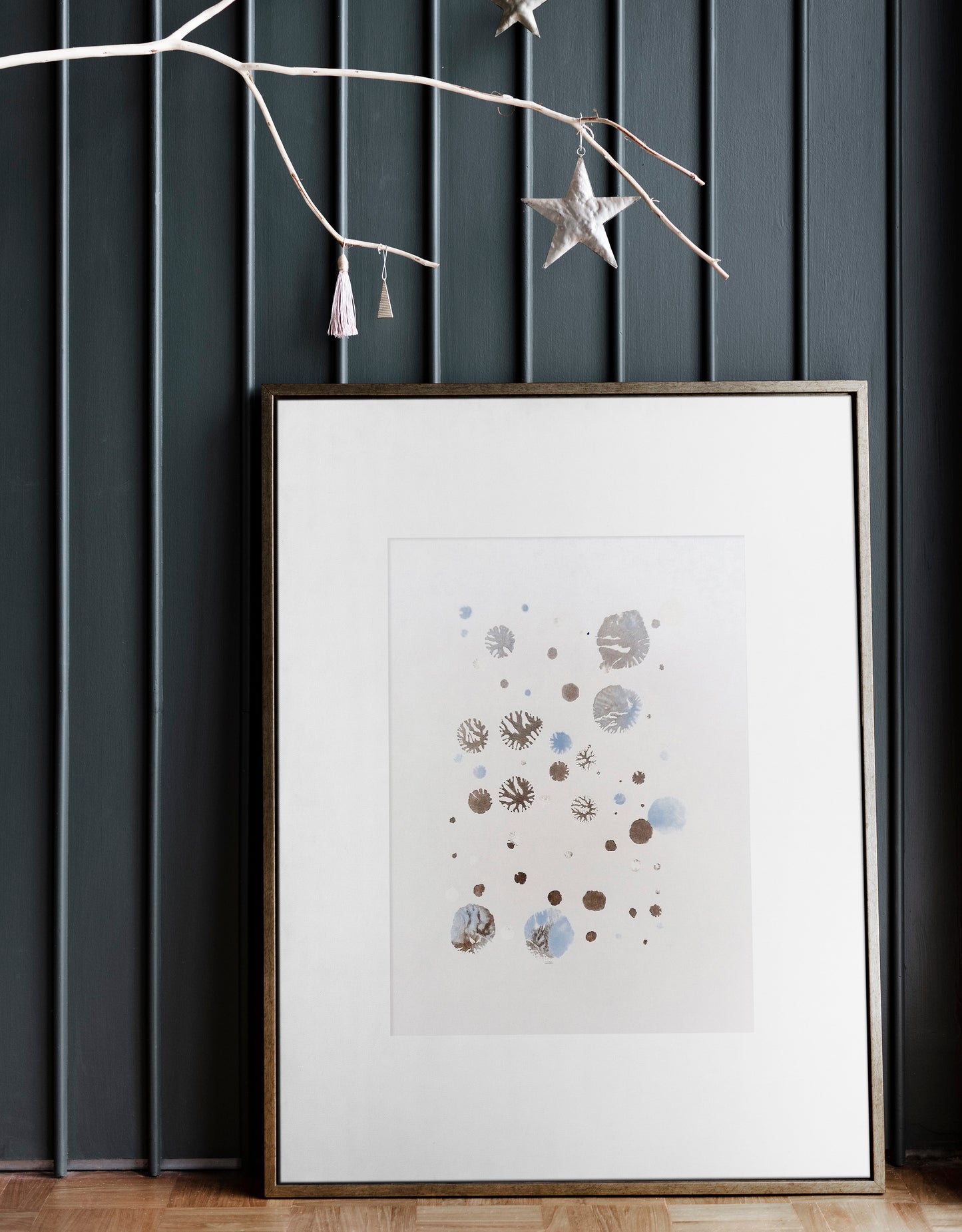Monotype print, Bedroom wall decor, Living room wall art, Printmaking art, relief print, Original artwork, Blue and silver art, abstract snowflakes, Holiday winter wall, Christmas art festive decor, Noel decoration, Minimalist art, home acsessories wall decoration, workspace wall decor