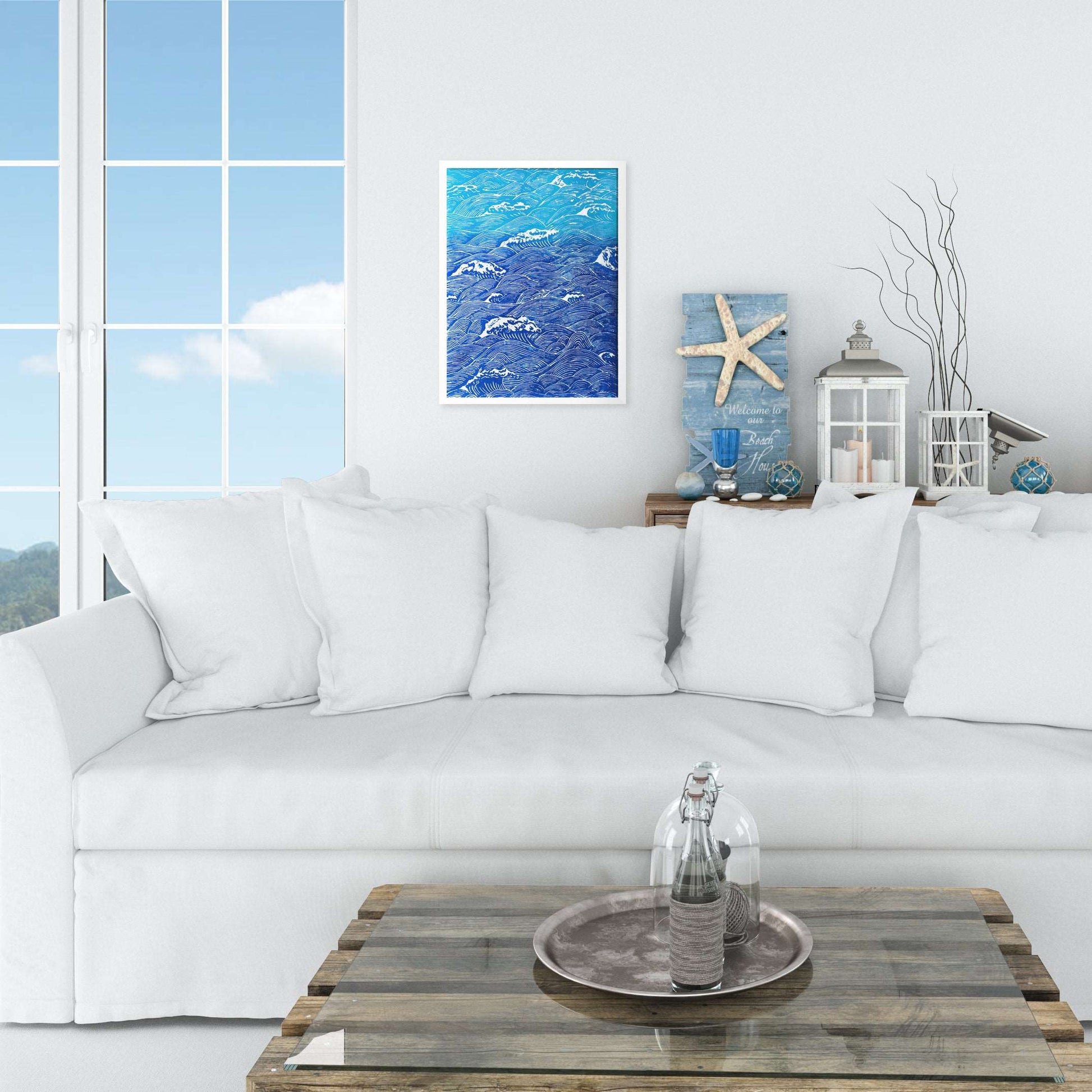 Blue waves Linocut print for Nature lover gift UNFRAMED Housewarming gift New home gift Kitchen wall decor Living room bedroom decor 16x12 Original artwork Nautical wall decor