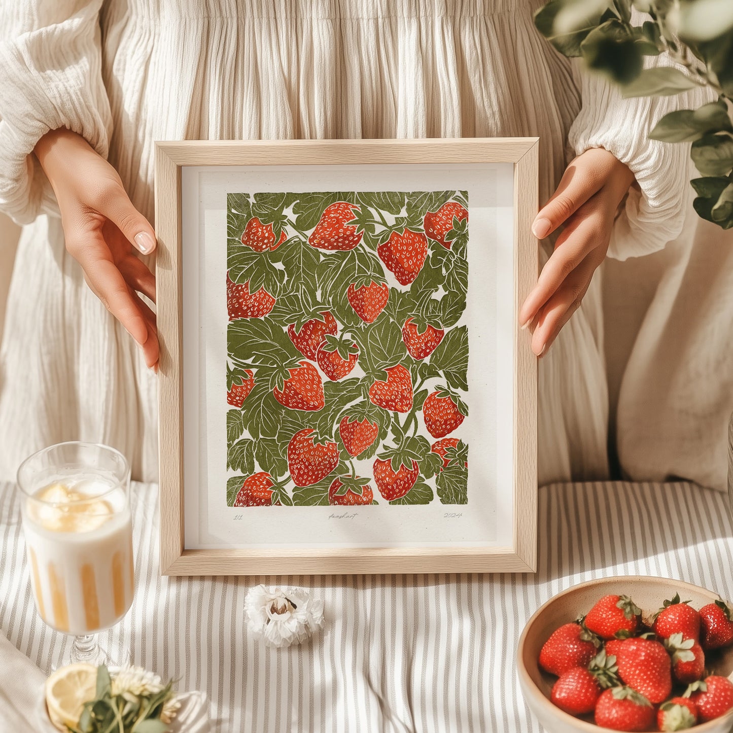Sage green red berries «Sagren Strawberries N2» Printable linocut prints wall art poster funny modern poster, retro wall art, vintage poster, bedroom wall decor, modern kitchen art, dining room decor, bathroom prints, living room wall art, coquette room decor, preppy room decor, dorm room decor, laundry room decor, mens room decor, nursery wall art, home office decor, kids room decor new home gift, home gift unique, self gift, house warming gift