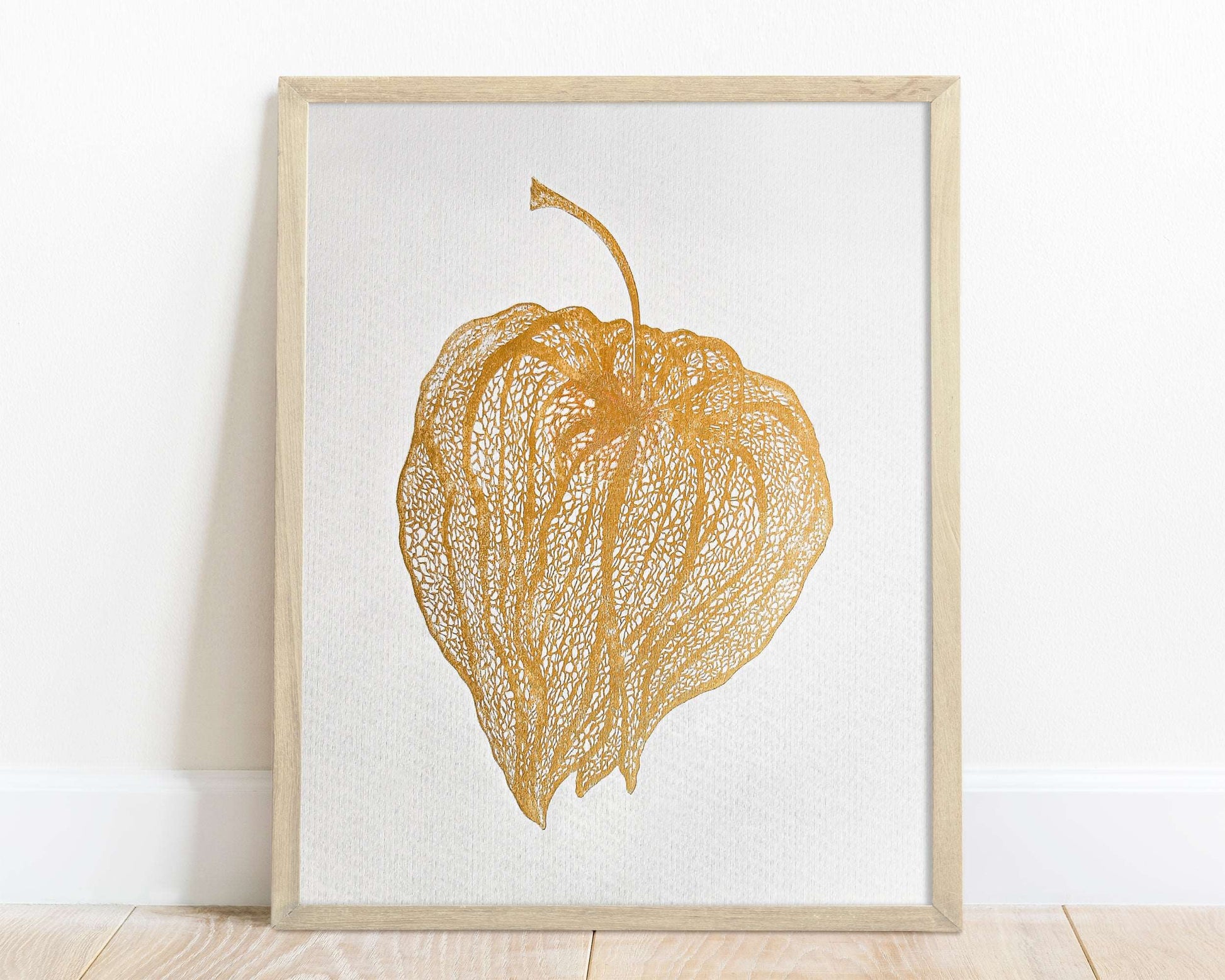 White and gold Physalis plant Linocut print for New home gift UNFRAMED for living room or bedroom 20x16 in floral wall art Original artwork Classical art