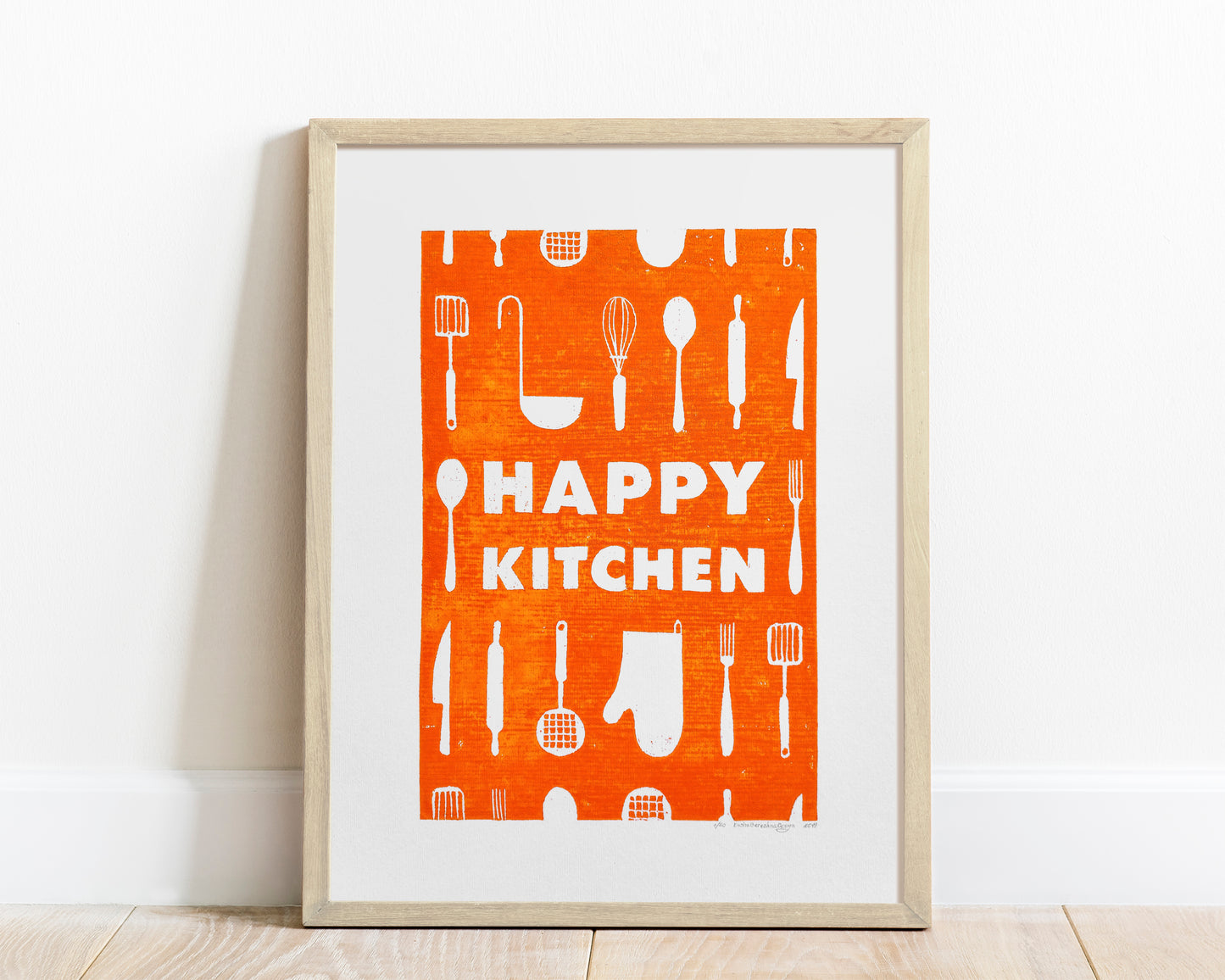 Orange utensils pattern Happy kitchen sign Linocut print Simple original artwork Printmaking for Modern kitchen art Dining room wall decor Linogravure Lino print Farmhouse wall decor New home gift  Printmaking Handmade wall decoration relief block wall art print