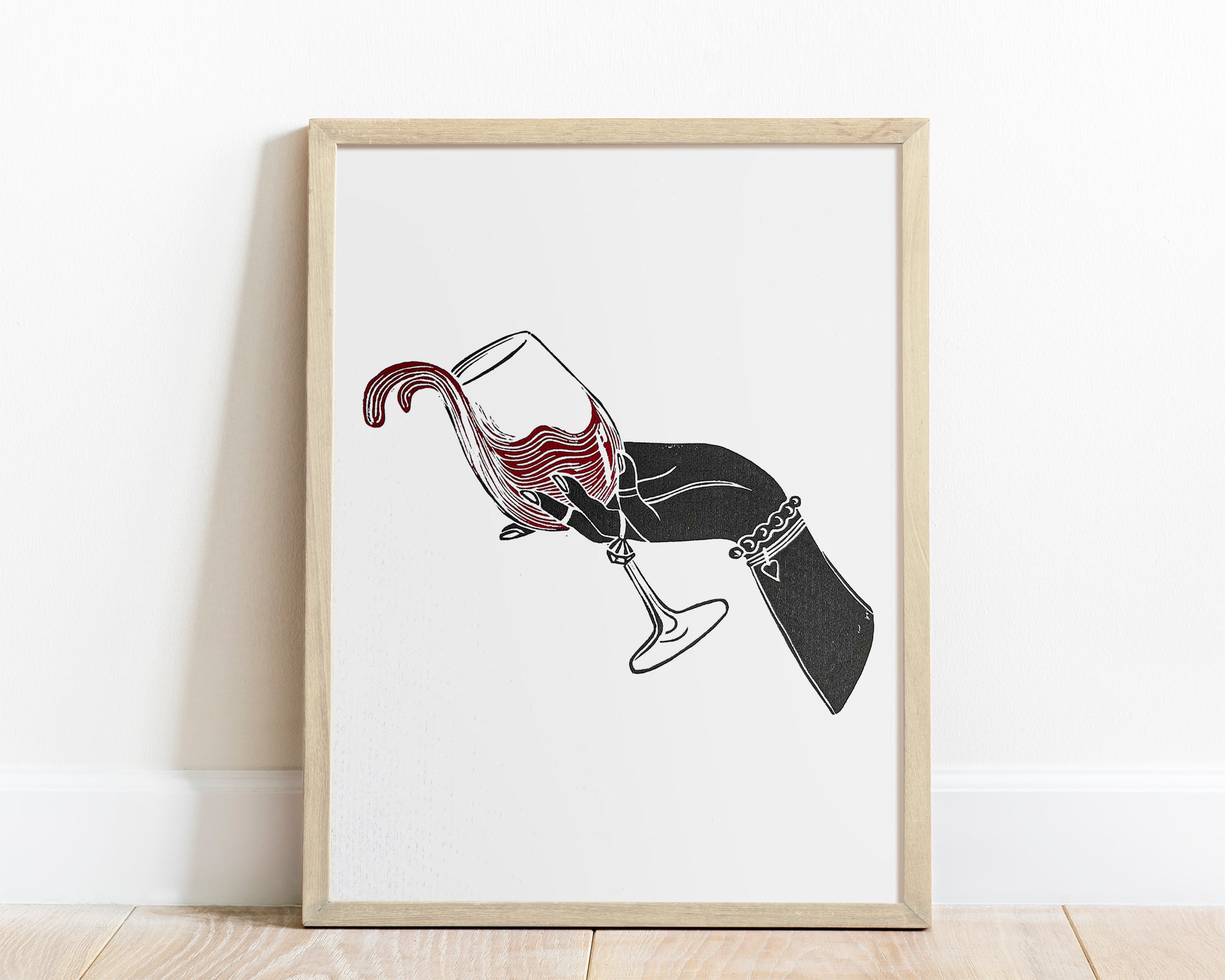 Black woman hand with glass of white gold wine Linocut print for New home gift UNFRAMED / lino print, linogravure, original artwork, relief print, printmaking / alcohol drink art, for dining room, living room and modern kitchen wall art and decor