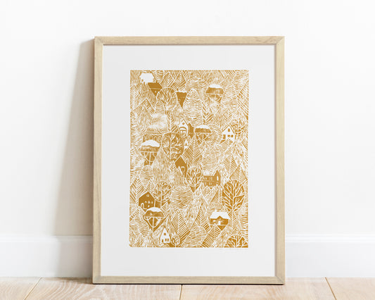 Ochre autumn forest with houses Linocut print 12x16in for Nature lover gift UNFRAMED / printmaking art, original artwork, lino print, linogravure, block print, relief print, handmade art, bedroom wall art, living room decor, nursery wall art