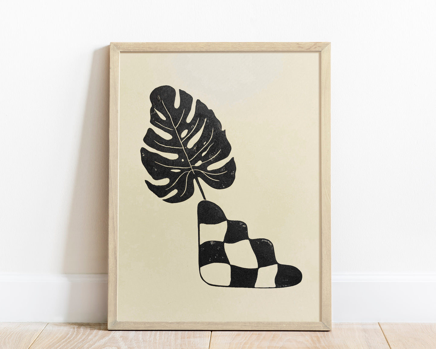 Black and beige checkered vase and monstera leaf wall art Linocut print for New home gift UNFRAMED for living room, bedroom and modern kitchen and dining room