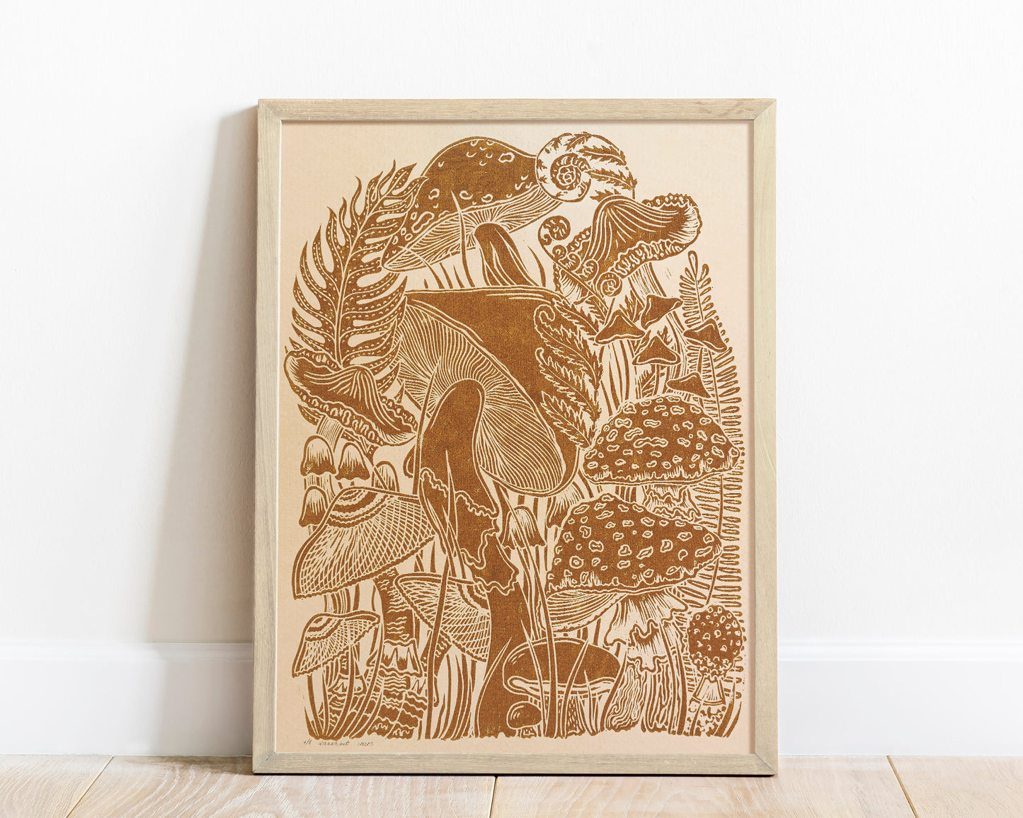 Vintage Beige paper and ochre mushrooms Linocut print for Nature lover gift / farmhouse kitchen wall art UNFRAMED