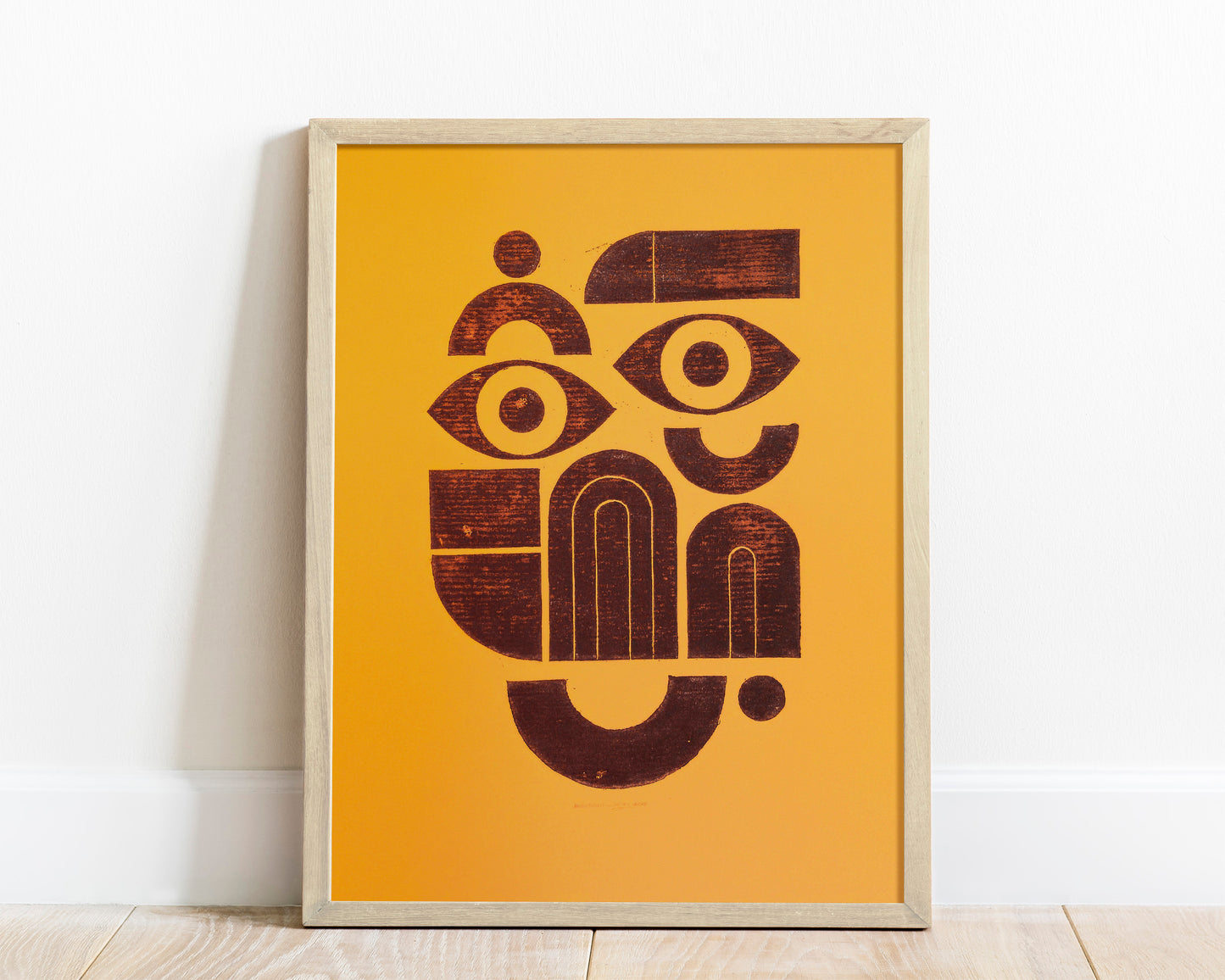 Yellow and brown abstract bauhaus face art Linocut print 12x16in for New home gift UNFRAMED / original artwork, relief print, printmaking art, lino print, linogravure, handmade wall art, new home gift, farmhouse decor, houswarming gift, living room wall art, dining room art, farm kitchen art, bedroom wall decor, autumn art, fall wall art, seasonal wall decor, aesthetic wall art, minimalist wall art, simple artwork
