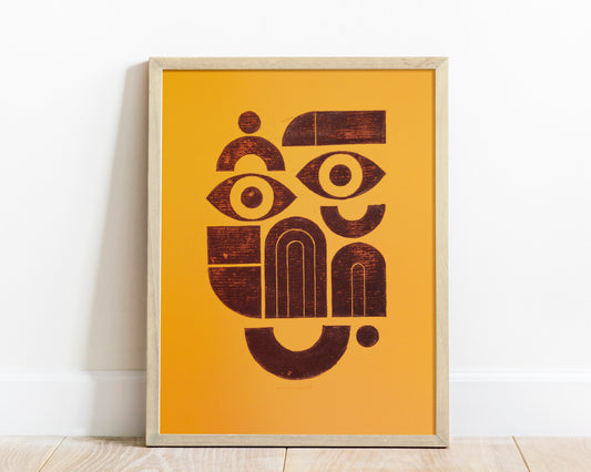Yellow and brown abstract bauhaus face art Linocut print 12x16in for New home gift UNFRAMED / original artwork, relief print, printmaking art, lino print, linogravure, handmade wall art, new home gift, farmhouse decor, houswarming gift, living room wall art, dining room art, farm kitchen art, bedroom wall decor, autumn art, fall wall art, seasonal wall decor, aesthetic wall art, minimalist wall art, simple artwork