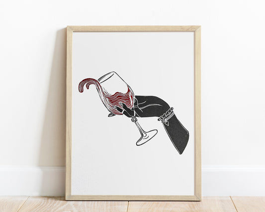 Black woman hand with glass of red wine Linocut print for New home gift UNFRAMED / lino print, linogravure, original artwork, relief print, printmaking / alcohol drink art, for dining room, living room and modern kitchen wall art and decor