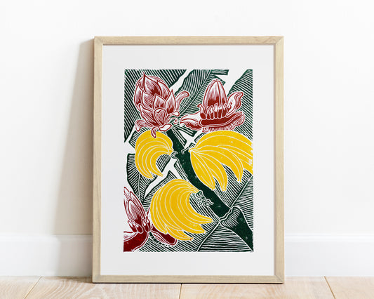 Banana linocut print  / Original artwork Botanical fruit for modern kitchen wall art or Nature lover gift UNFRAMED / lino print, linogravure, block print, relief print, printmaking, handmade art, living room, dining room, farm kitchen decor, bedroom, tropikal art