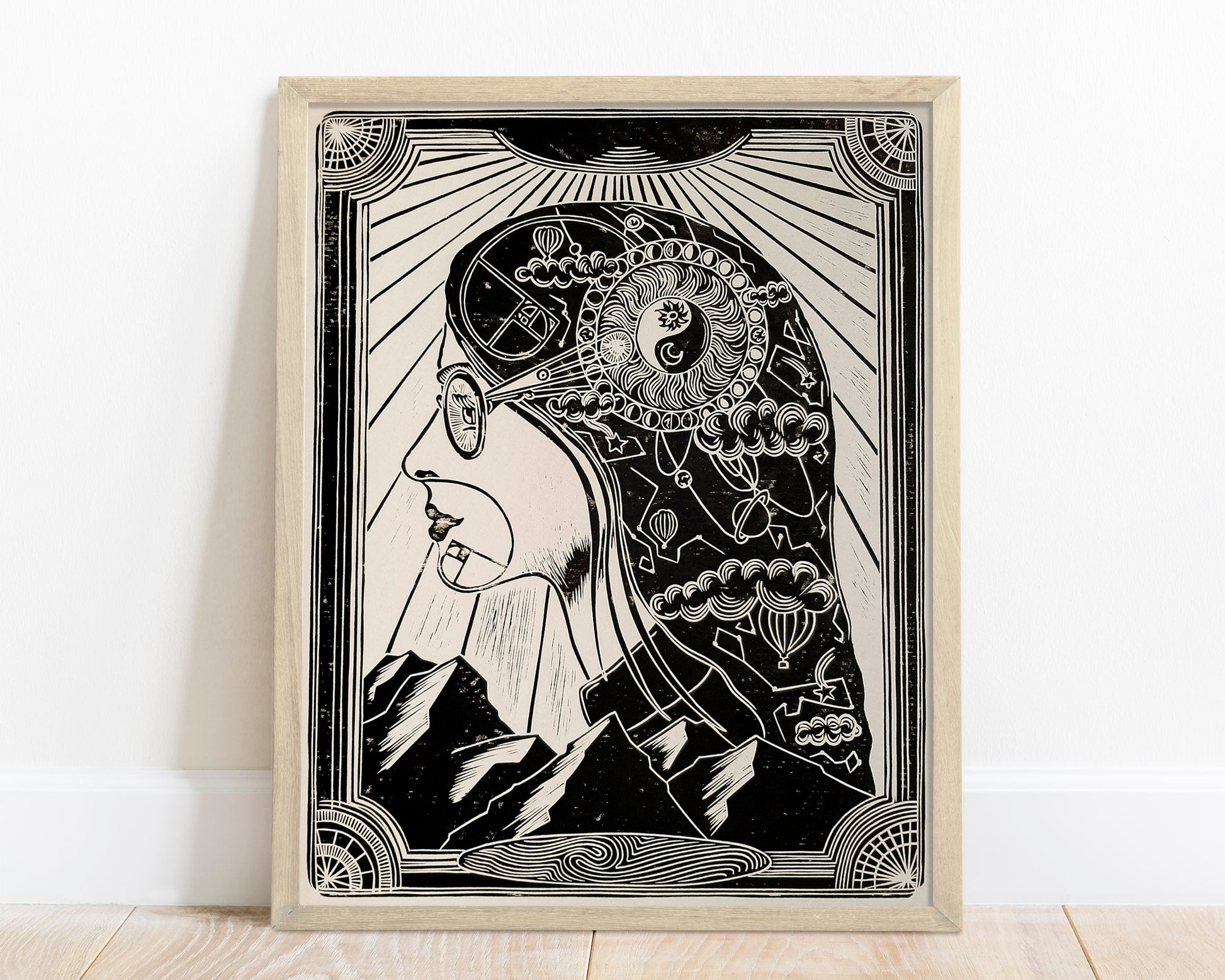 Linocut print Female portrait with constellations Solar system Moon phases map Original artwork for Boyfriend gift or Grandpa Chic wall decor, lino print, linogravure, printmaking art, handmade wall art, bedroom wall decor, living room wall art, woman art, black and beige wall art