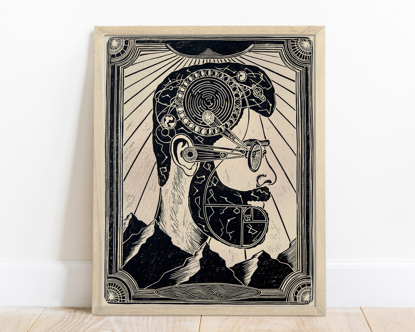 Linocut print Male portrait with constellations Solar system Moon phases map Original artwork for Boyfriend gift or Grandpa Chic wall decor, lino print, linogravure, printmaking art, handmade wall art, bedroom wall decor, living room wall art, man art, black and beige wall art
