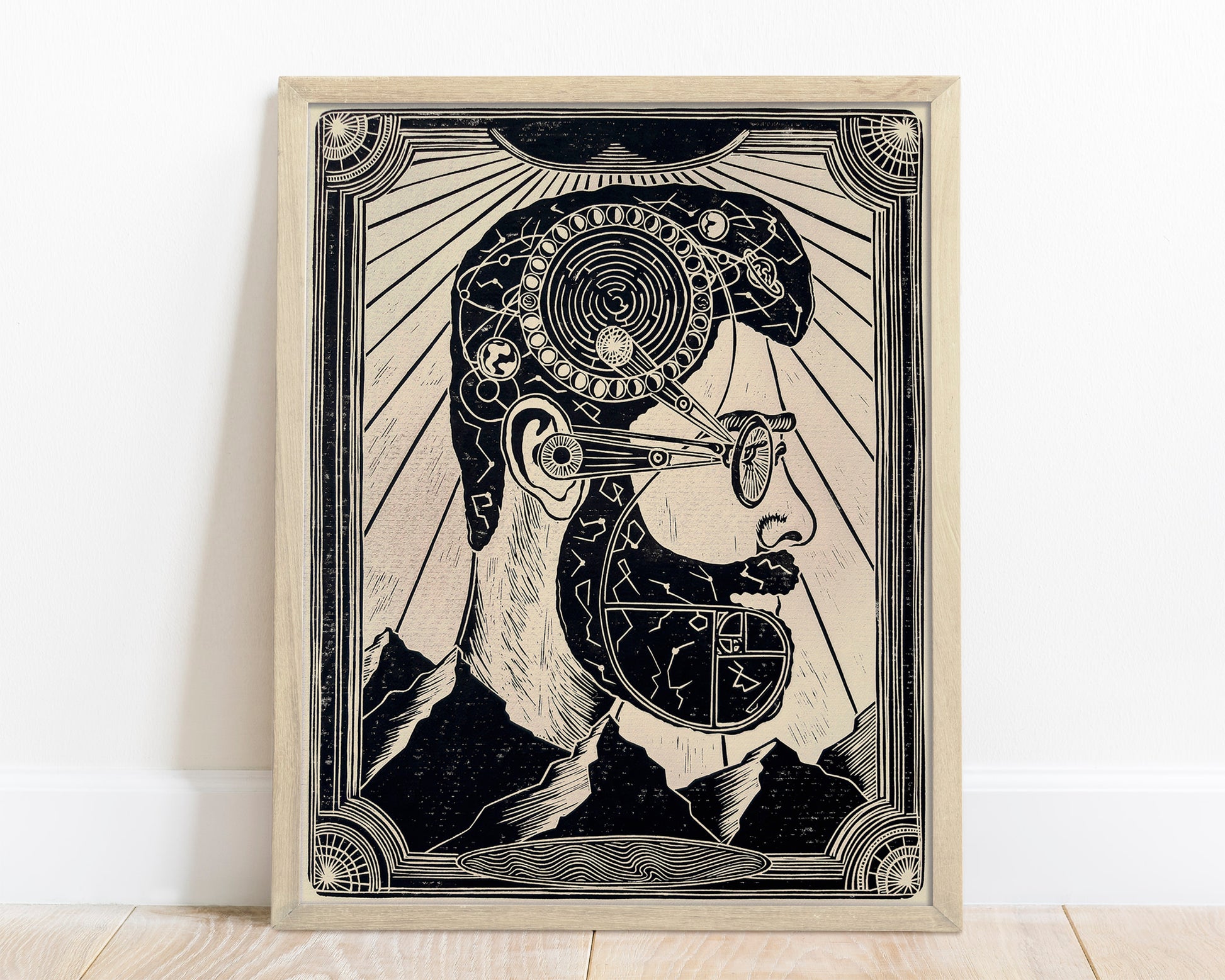 Linocut print Male portrait with constellations Solar system Moon phases map Original artwork for Boyfriend gift or Grandpa Chic wall decor, lino print, linogravure, printmaking art, handmade wall art, bedroom wall decor, living room wall art, man art, black and beige wall art