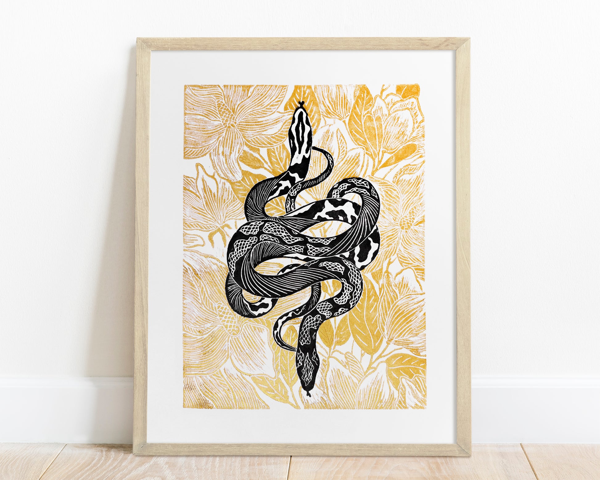 Black and gold floral snake magnolia flowers Linocut print for Nature lover gift UNFRAMED Housewarming gift New home gift Living room or bedroom decor 16x12 Reptile Original artwork Classical wall decor