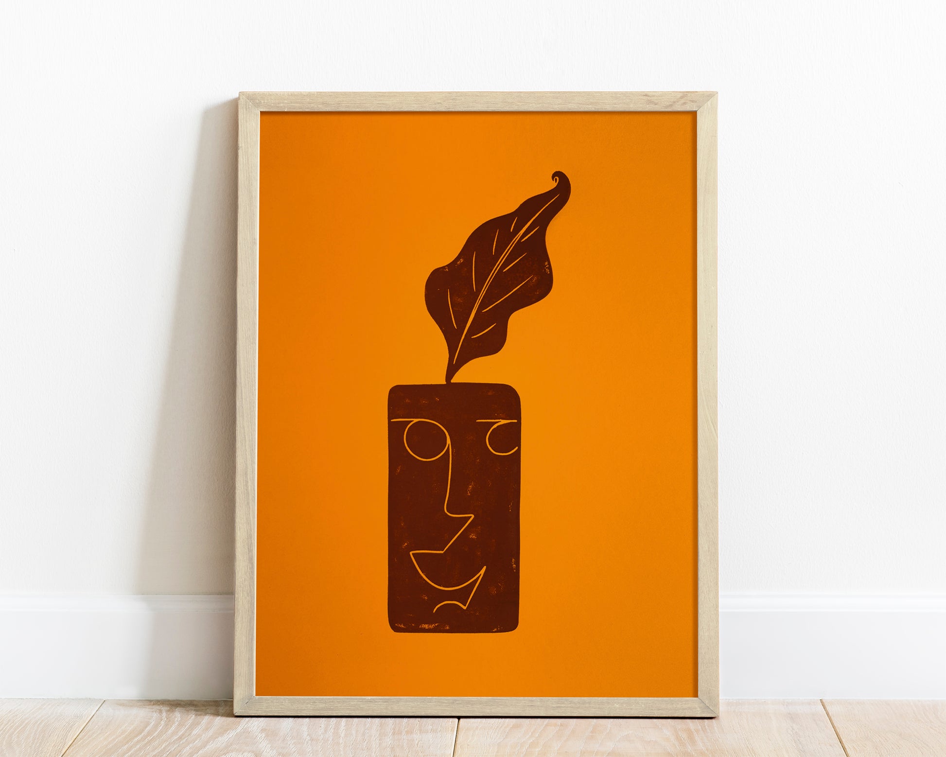 Yellow and brown Boho vase with male face and plant art Linocut print for New home gift UNFRAMED for living room, dining room, bedroom / printmaking, lino print, linogravure, block print, printmaking, 12x16