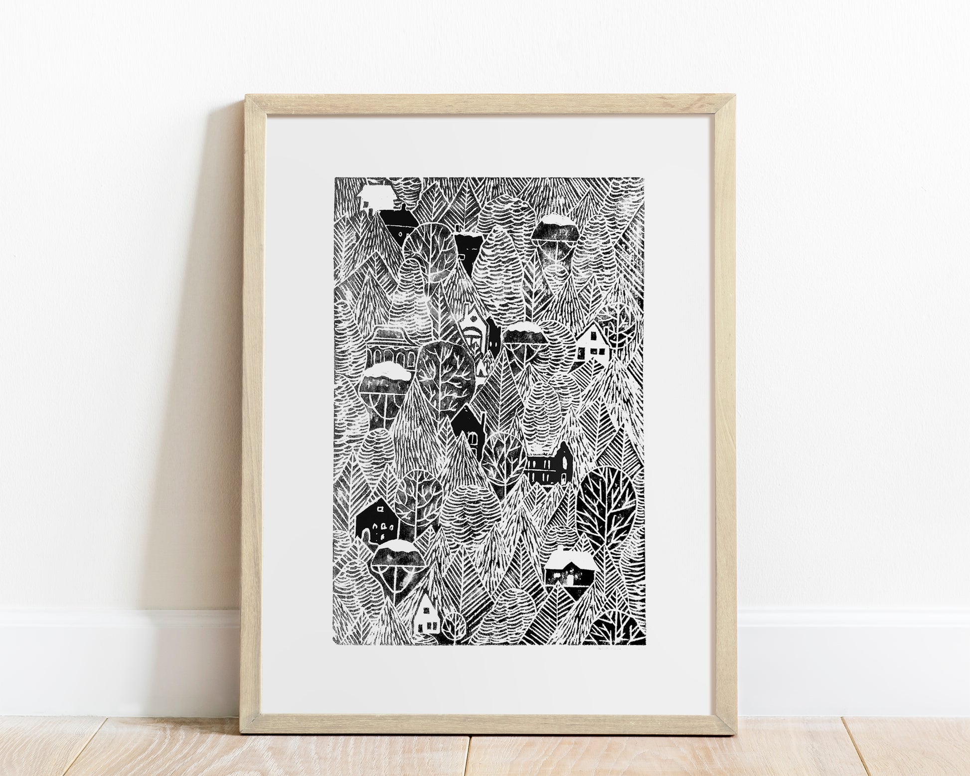 Black autumn forest with houses Linocut print 12x16in for Nature lover gift UNFRAMED / printmaking art, original artwork, lino print, linogravure, block print, relief print, handmade art, bedroom wall art, living room decor, nursery wall art