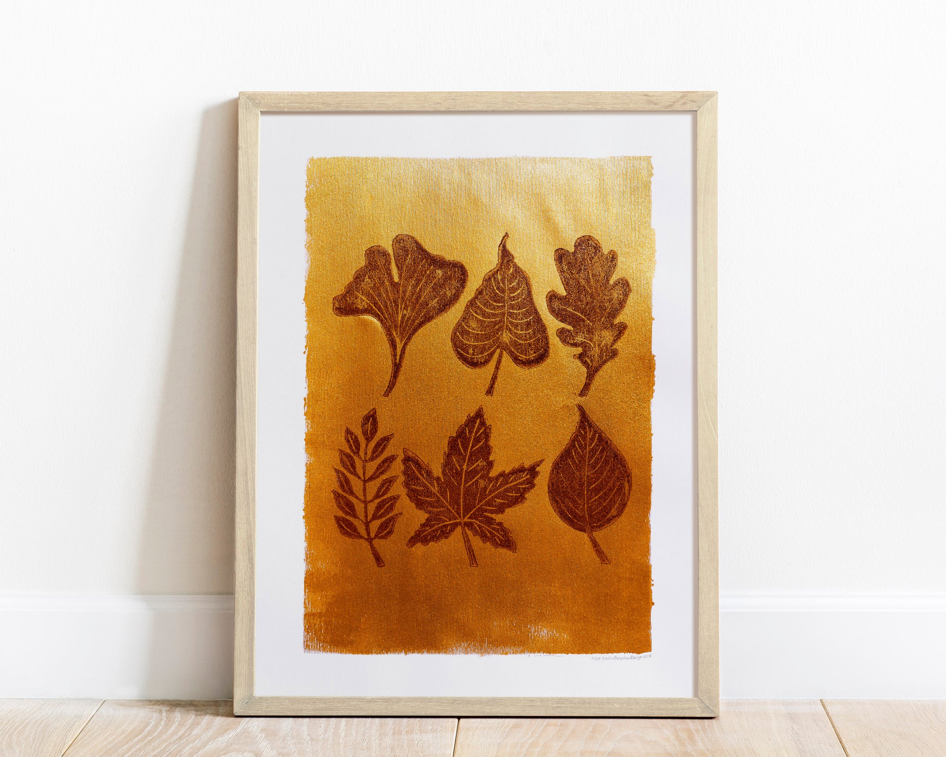 Gold and brown fall leaves Linocut print 12x16in for New home gift UNFRAMED / gold acrylic ink, oil ink, lino print, linogravure, autumn wall art, printmaking, handmade art, Nature lover gift, simple artwork, original artwork, houswarming gift, living room, bedroom, modern kitchen decor