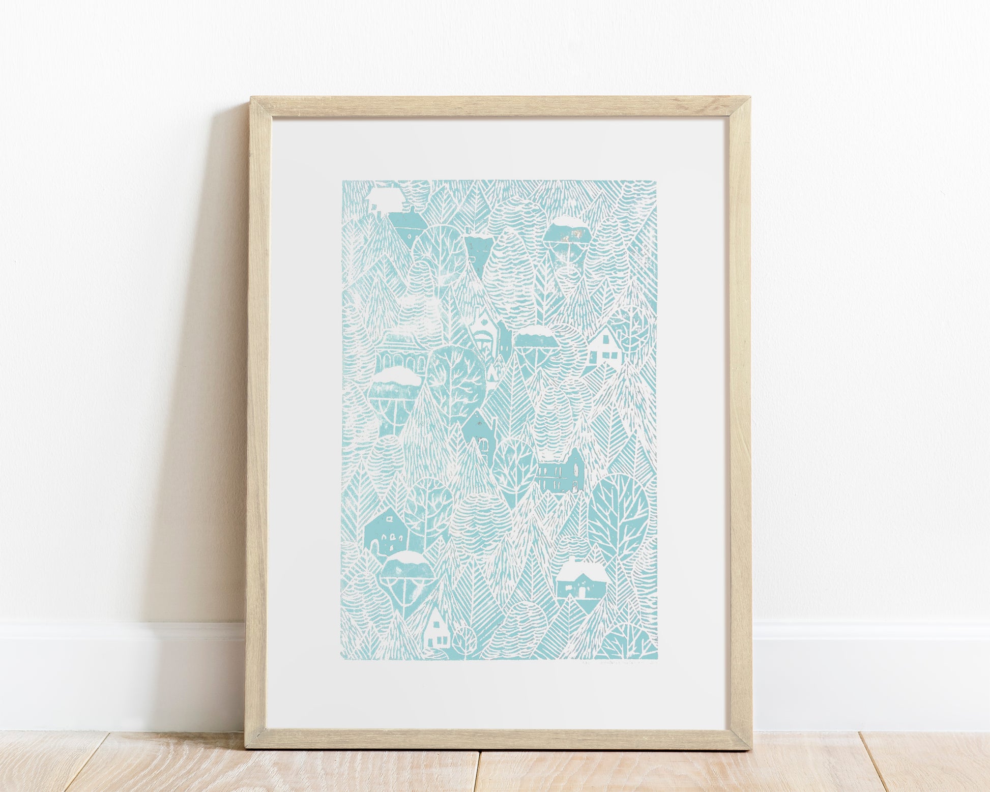 Light Blue forest with houses Linocut print 12x16in for Nature lover gift UNFRAMED / printmaking art, original artwork, lino print, linogravure, block print, relief print, handmade art, bedroom wall art, living room decor, nursery wall art