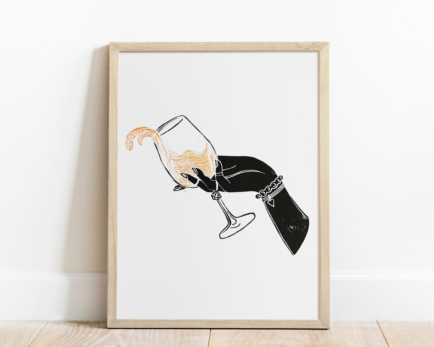 Black woman hand with glass of white wine Linocut print for New home gift UNFRAMED / lino print, linogravure, original artwork, relief print, printmaking / alcohol drink art, for dining room, living room and modern kitchen wall art and decor