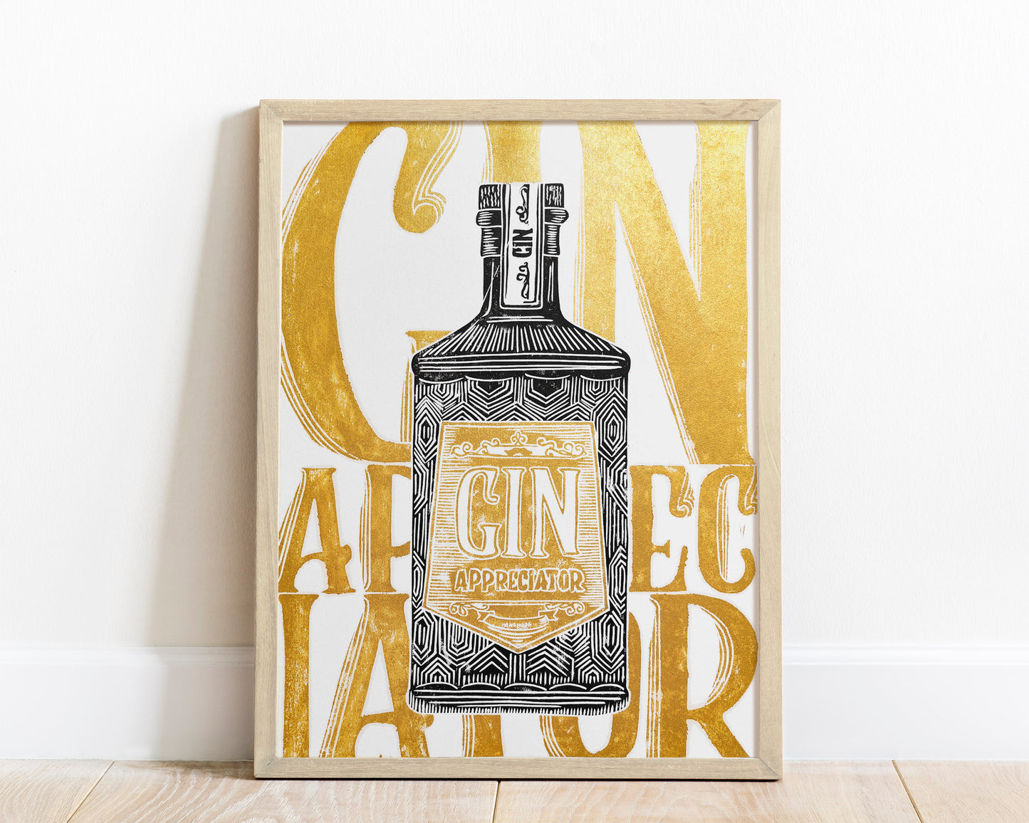 Linocut print Gin appreciator Original artwork Modern alcohol wall art Holiday winter wall art for bar gift and Grandpa Chic wall decor, handmade relief print, printmaking art, block print, gold and black decor, Modern kitchen art, dining room, Linogravure, Lino print, New home gift, Gift for him, Grandpa Chic wall