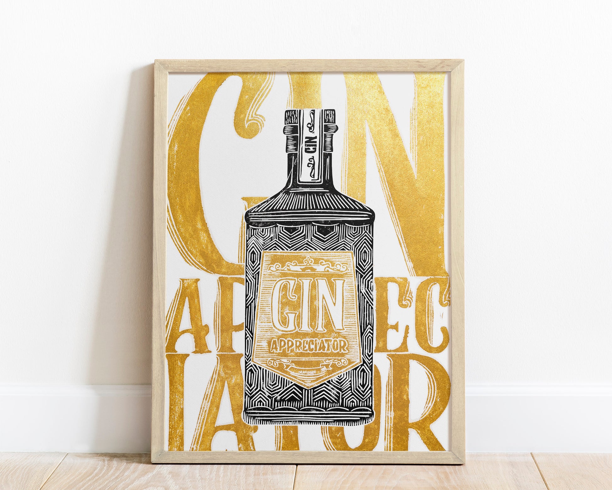 Linocut print Gin appreciator Original artwork Modern alcohol wall art Holiday winter wall art for bar gift and Grandpa Chic wall decor, handmade relief print, printmaking art, block print, gold and black decor, Modern kitchen art, dining room, Linogravure, Lino print, New home gift, Gift for him, Grandpa Chic wall
