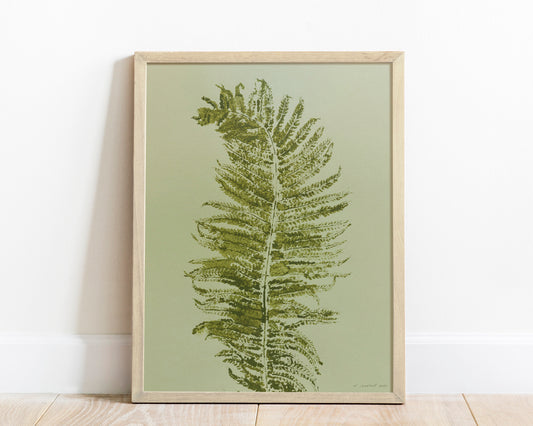 Monotype print Sage green fern textured relief plant texture Foraged wall decor Original printmaking artwork Nature lover gift One of a kind