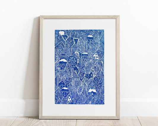 Holiday winter wall art Linocut print Blue forest with houses Original artwork 12x16 Bedroom decor for New home gift UNFRAMED, Linogravure, Kids wall art, Living room wall art, Farmhouse wall decor, Village wall art, New home gift, handmade relief print