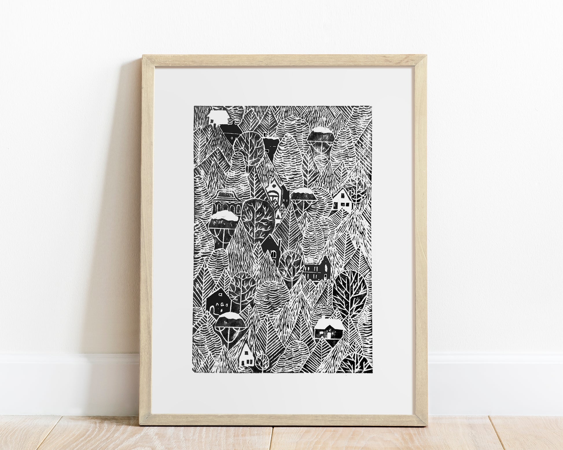 Linocut print Black forest with houses Original artwork 12x16 for New home gift and bedroom wall decor UNFRAMED, Linogravure, Living room wall art, Farmhouse wall decor, block print, New home gift, bedroom wall decor, lino print, handmade print art, printmaking