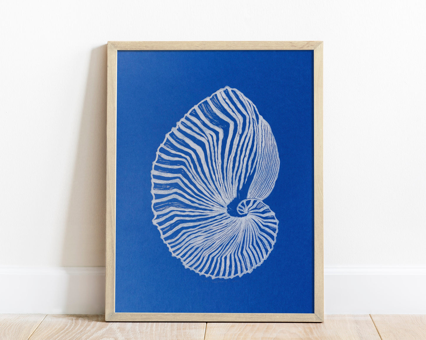 Blue and white sea shell art Linocut print art for Bedroom or bathroom wall decor UNFRAMED / living room wall adecor for New home gift, houswarming gift, nature lover gift, Nautical wall decor, Simple artwork, Hampton style decor, Coastal wall art