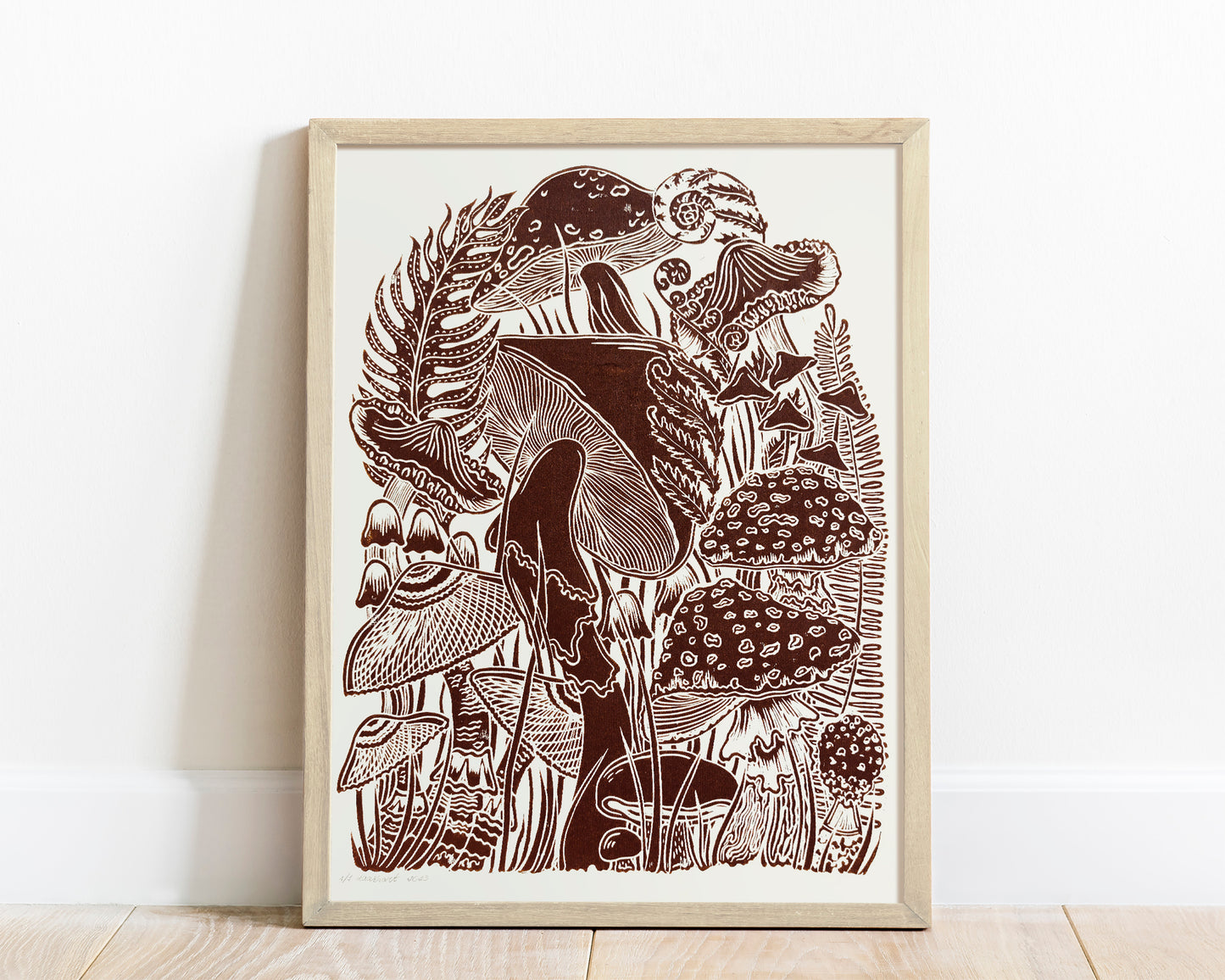 Vintage light yellow paper and brown mushrooms Linocut print for Nature lover gift / farmhouse kitchen wall art UNFRAMED / lino print / linogravure / relief block print / printmaking wall decor
