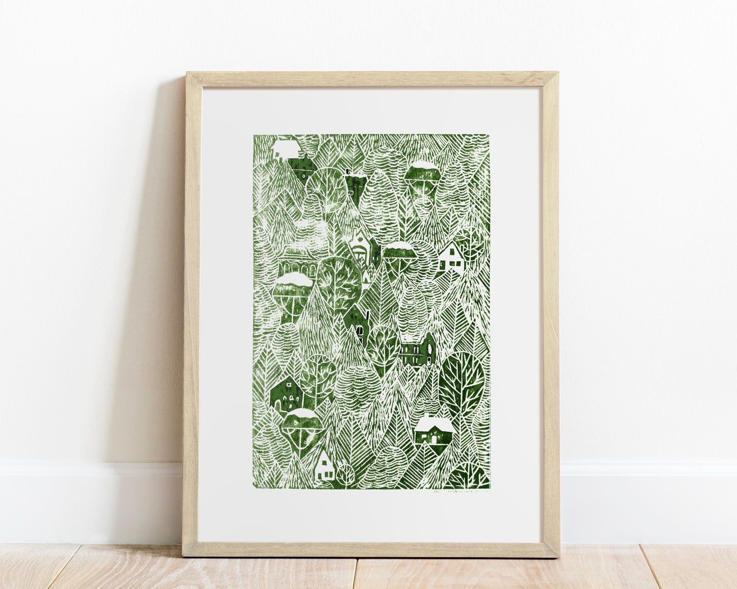Linocut print Green forest with houses Original artwork 12x16 for New home gift and bedroom wall decor UNFRAMED, Linogravure, Living room wall art, Farmhouse wall decor, block print, New home gift, bedroom wall decor, lino print, handmade print art, printmaking