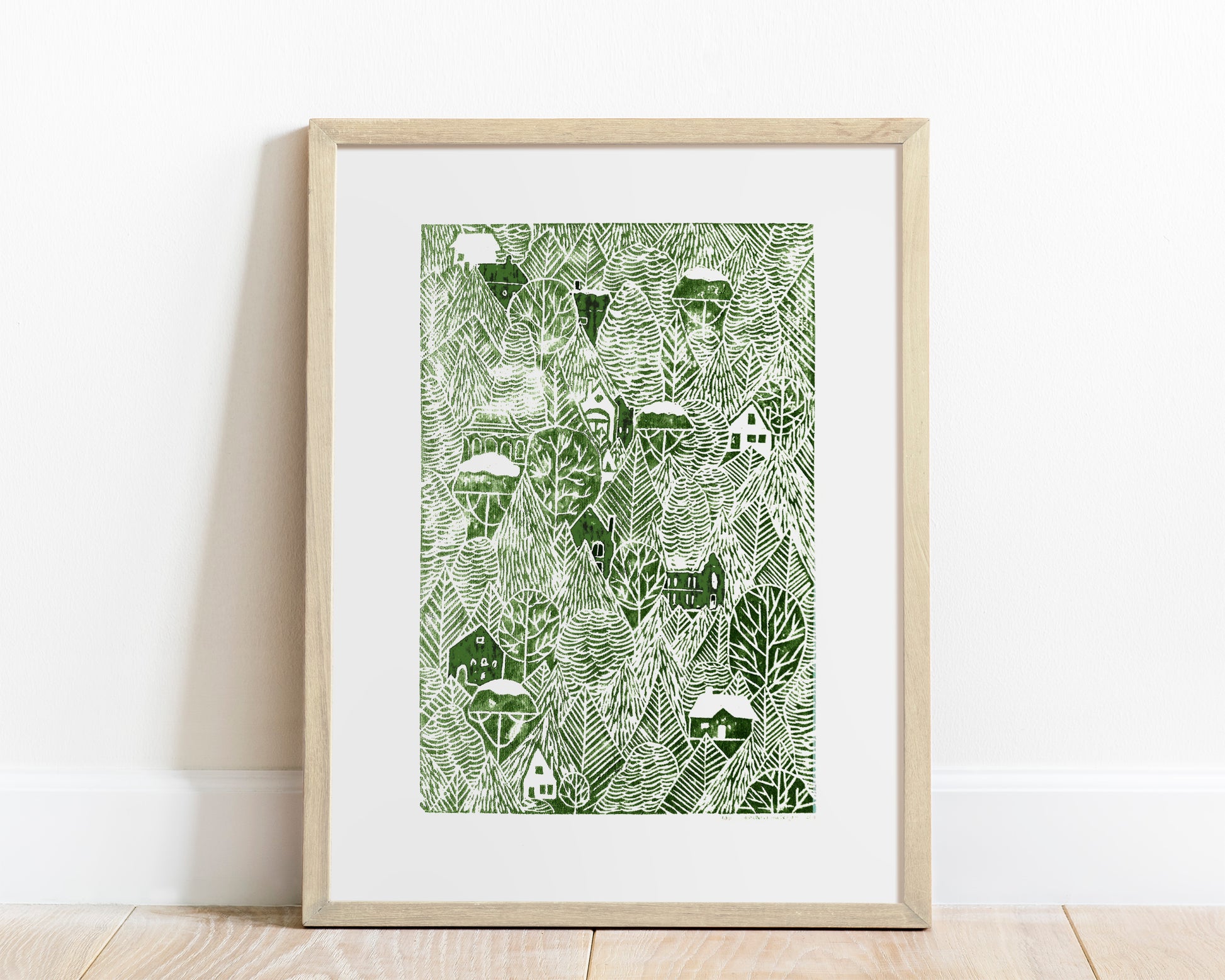 Linocut print Green forest with houses Original artwork 12x16 for New home gift and bedroom wall decor UNFRAMED, Linogravure, Living room wall art, Farmhouse wall decor, block print, New home gift, bedroom wall decor, lino print, handmade print art, printmaking